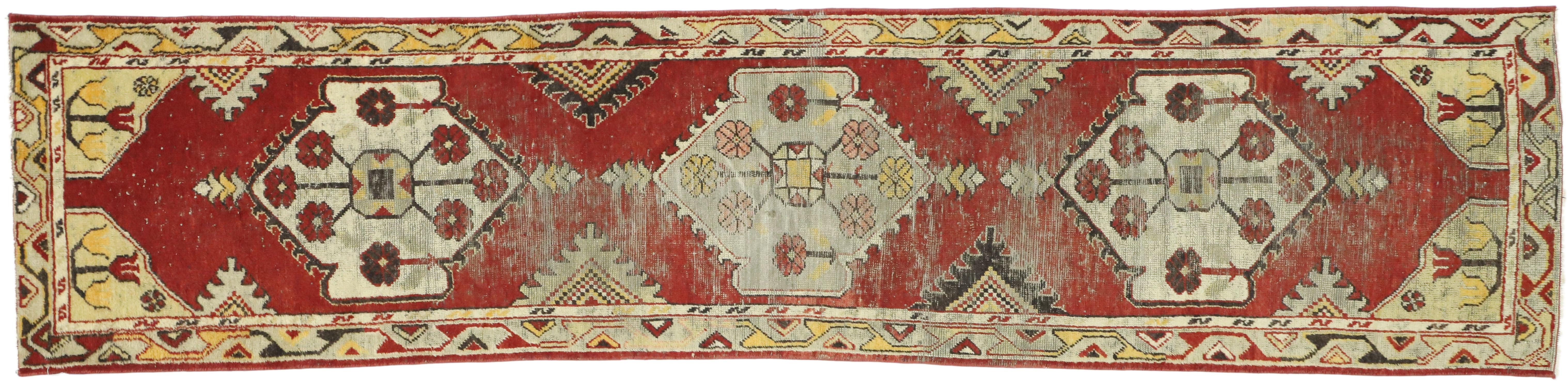 Worn-In Distressed Vintage Turkish Oushak Runner with Rustic Lodge Style For Sale 3