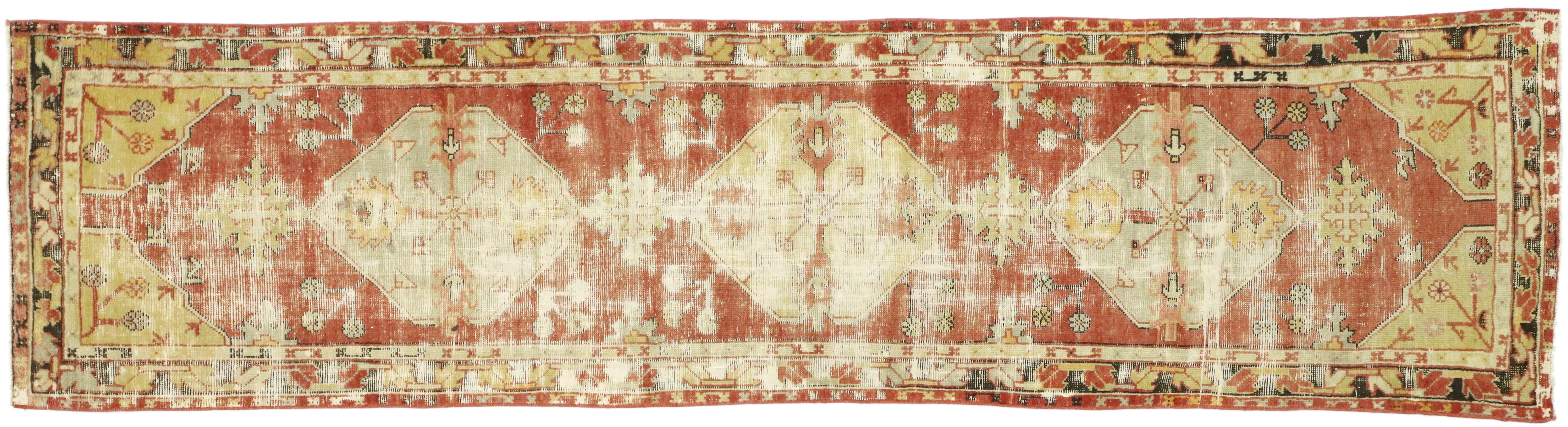 Worn-In Distressed Vintage Turkish Oushak Runner with Rustic Lodge Style For Sale 3