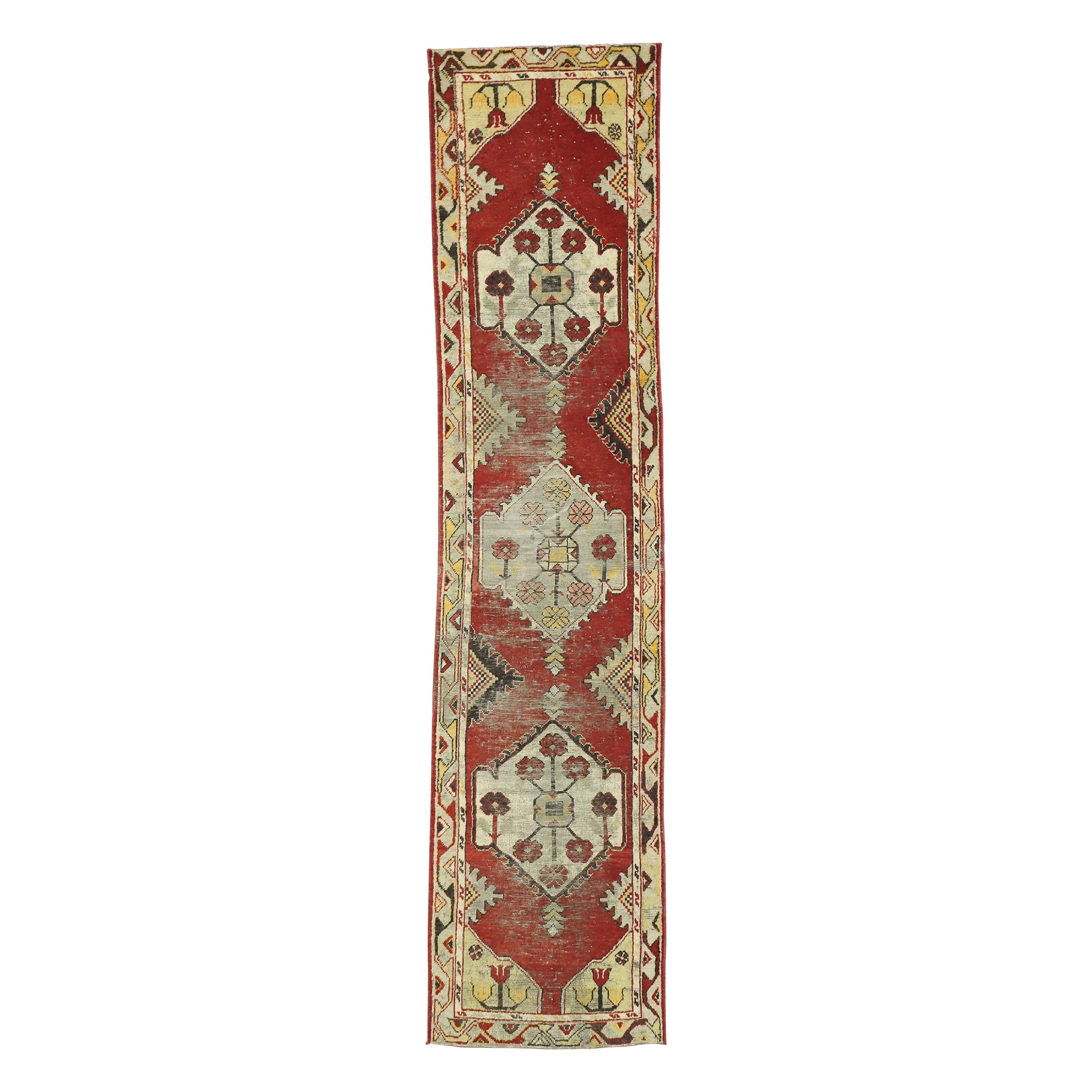 Worn-In Distressed Vintage Turkish Oushak Runner with Rustic Lodge Style For Sale