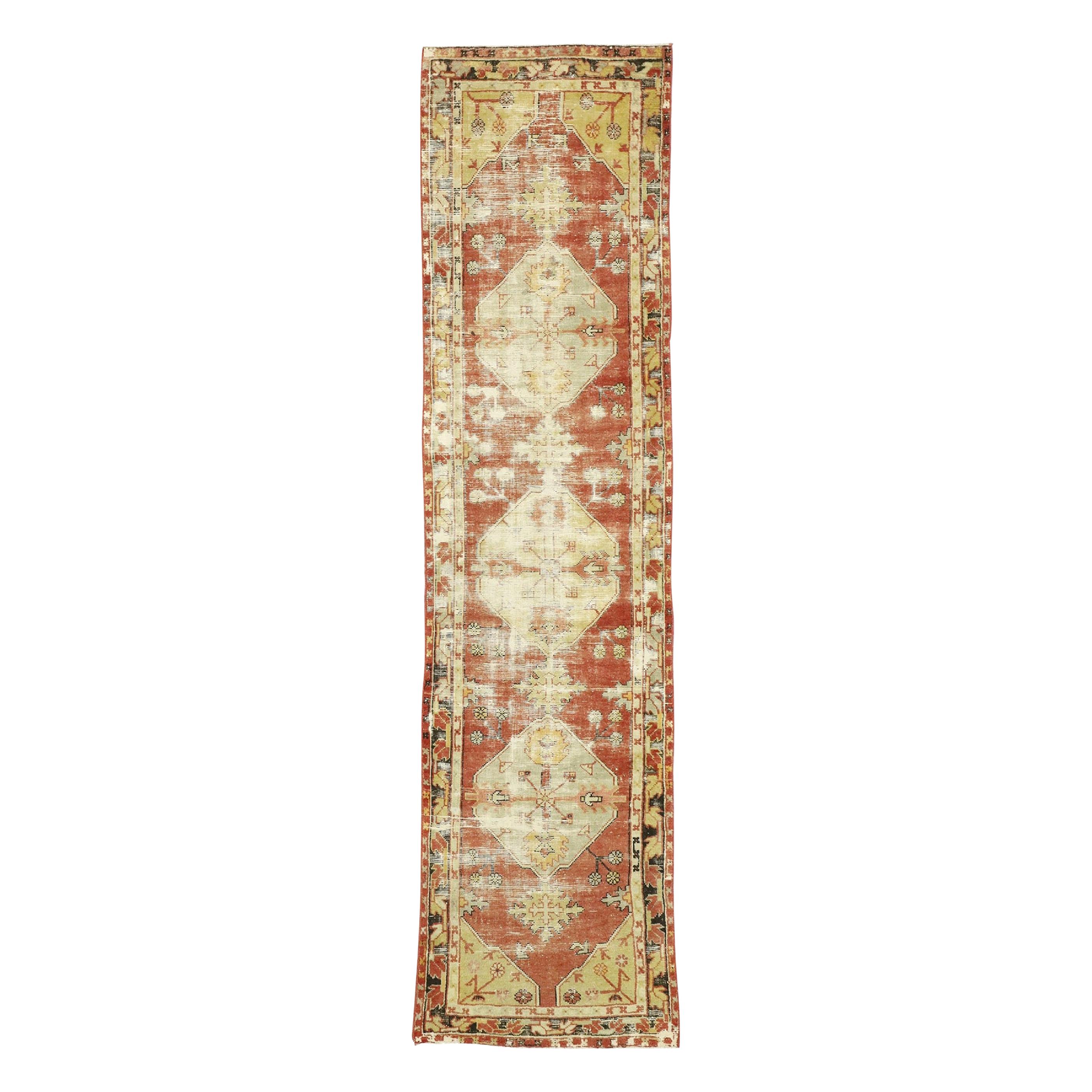 Worn-In Distressed Vintage Turkish Oushak Runner with Rustic Lodge Style