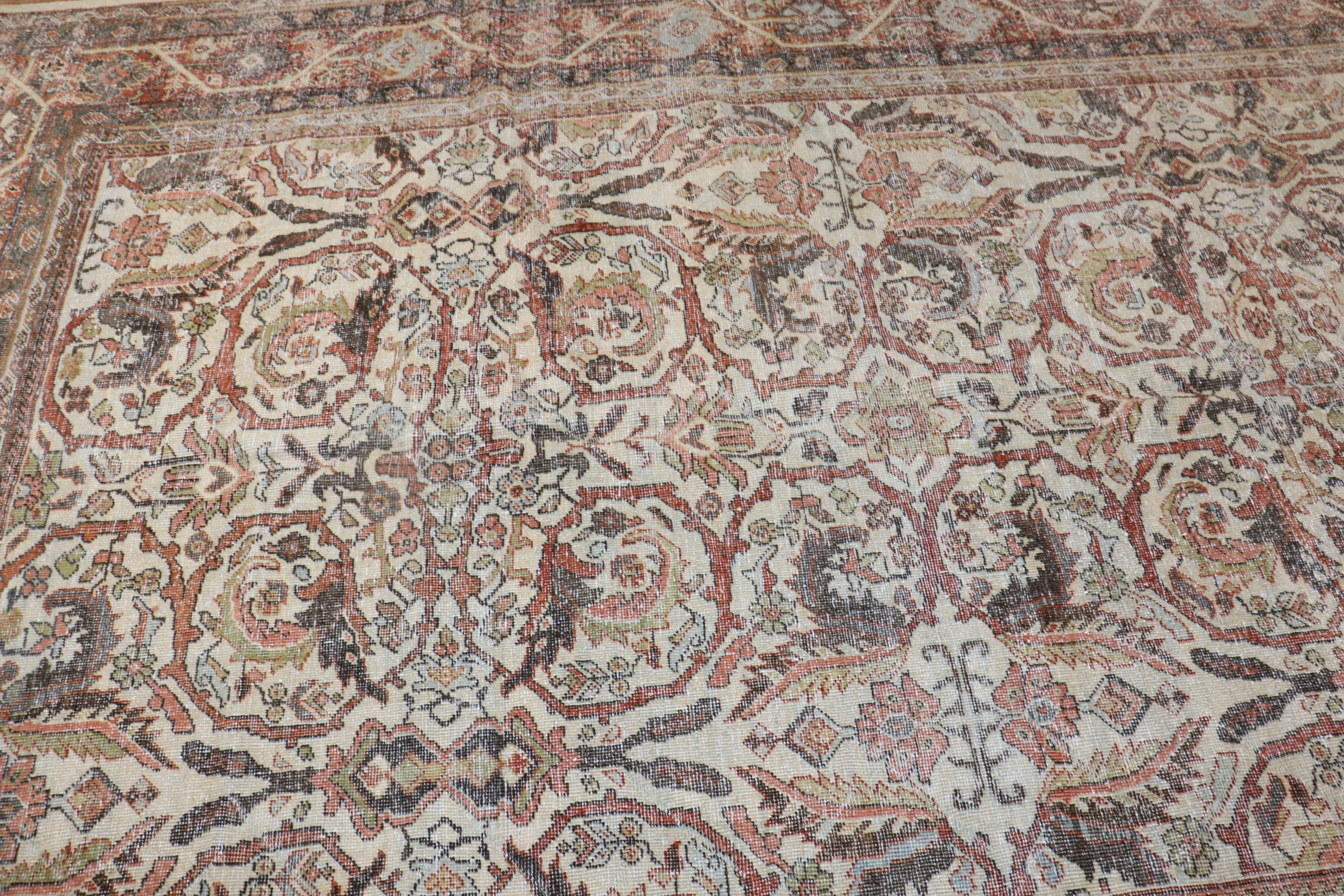 Worn Ivory Antique Persian Mahal Rug For Sale 3