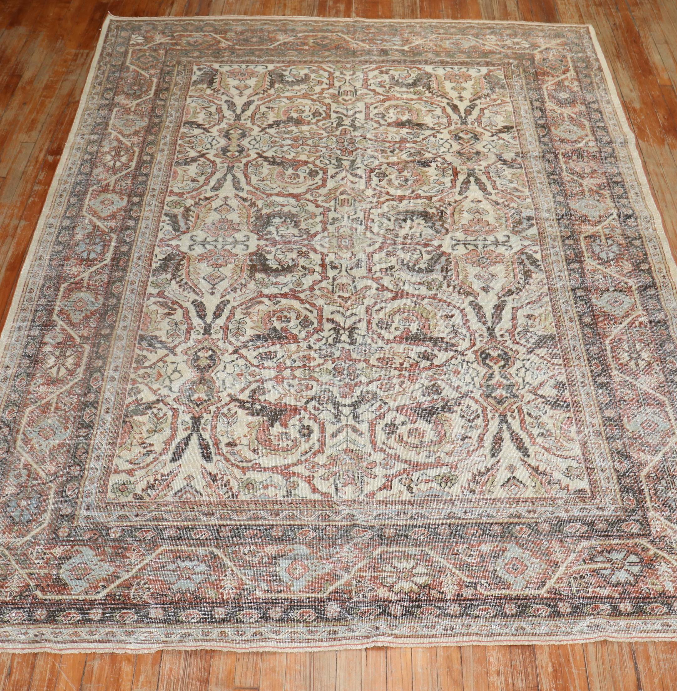 Worn Ivory Antique Persian Mahal Rug For Sale 4