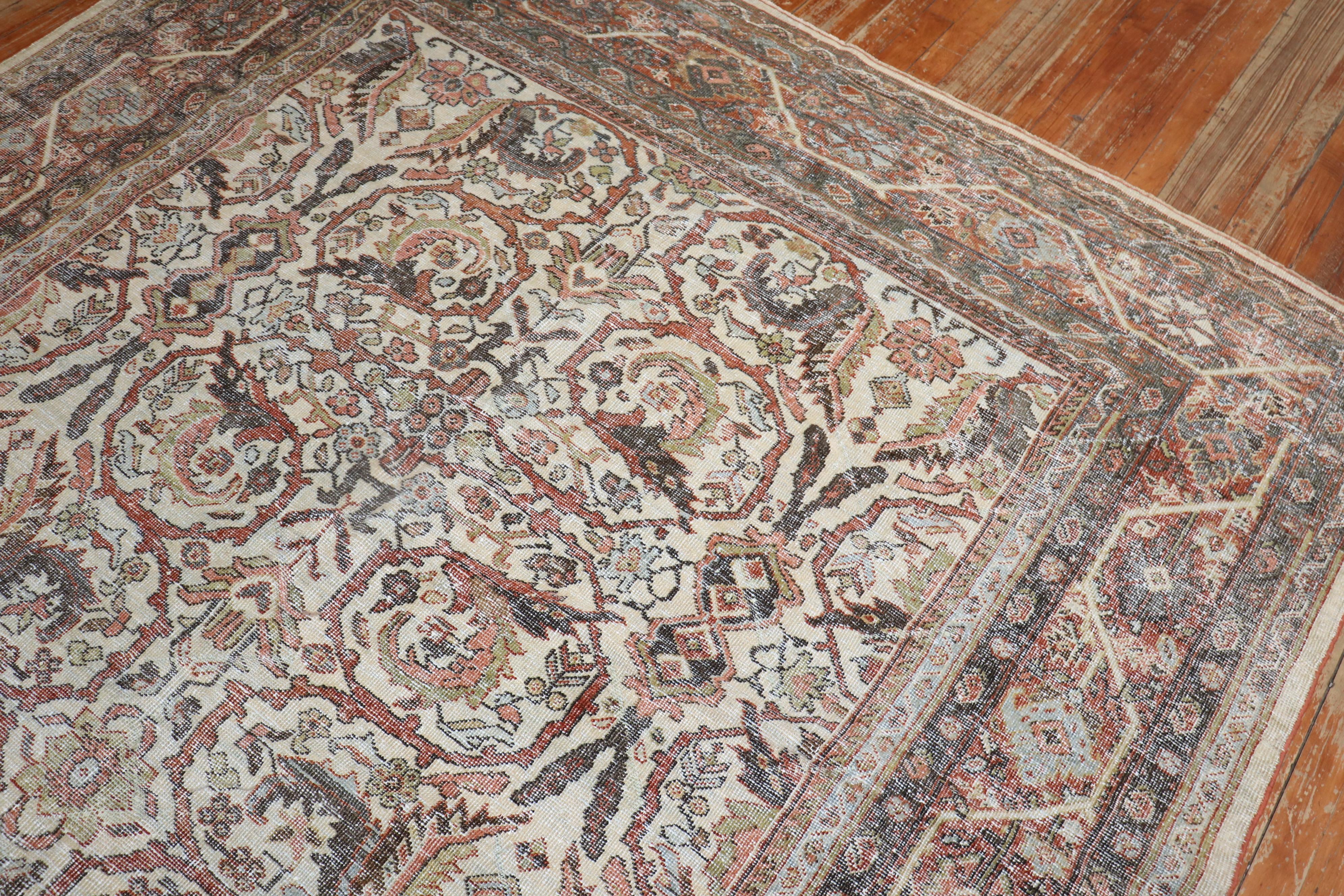 Agra Worn Ivory Antique Persian Mahal Rug For Sale