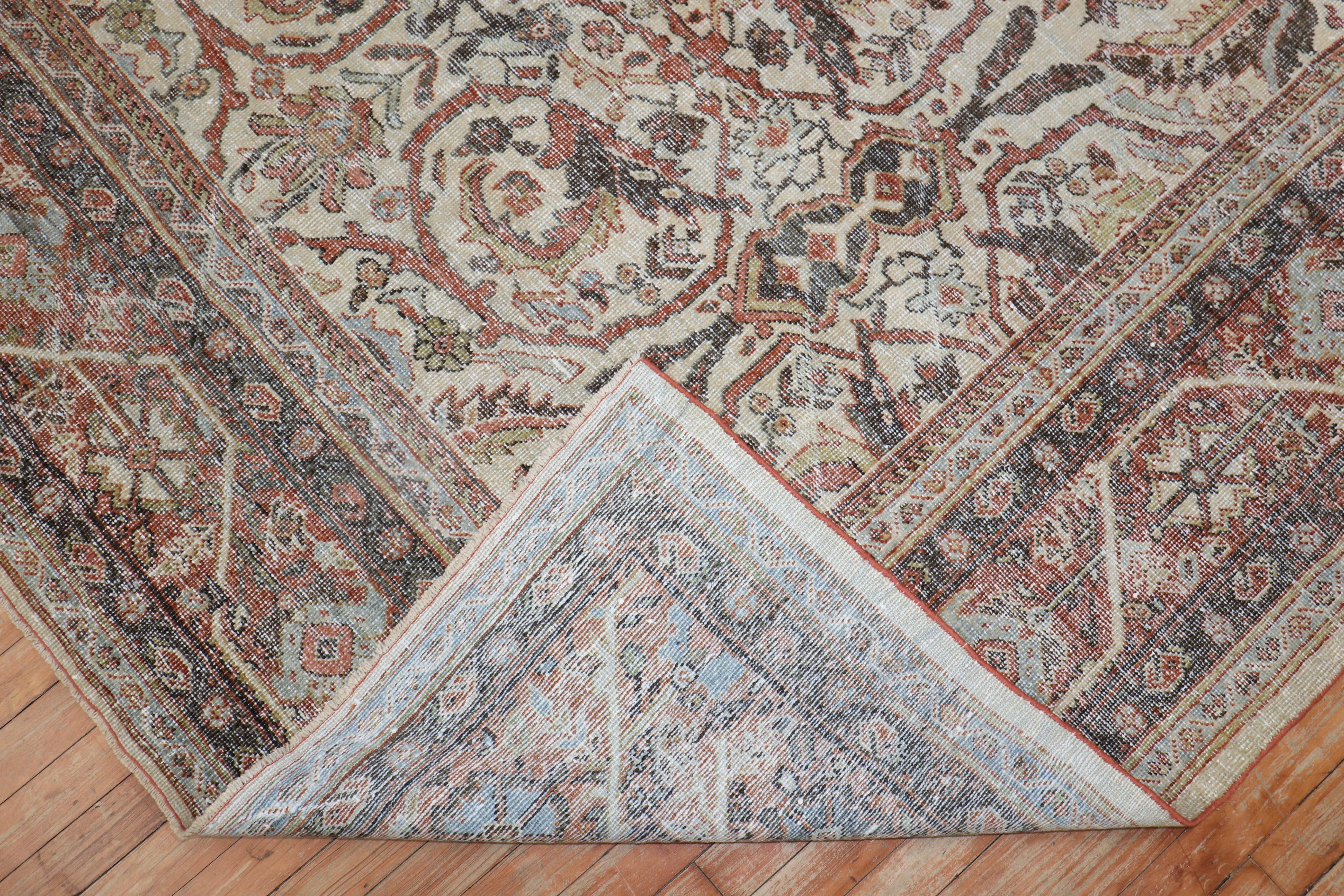 Hand-Knotted Worn Ivory Antique Persian Mahal Rug For Sale