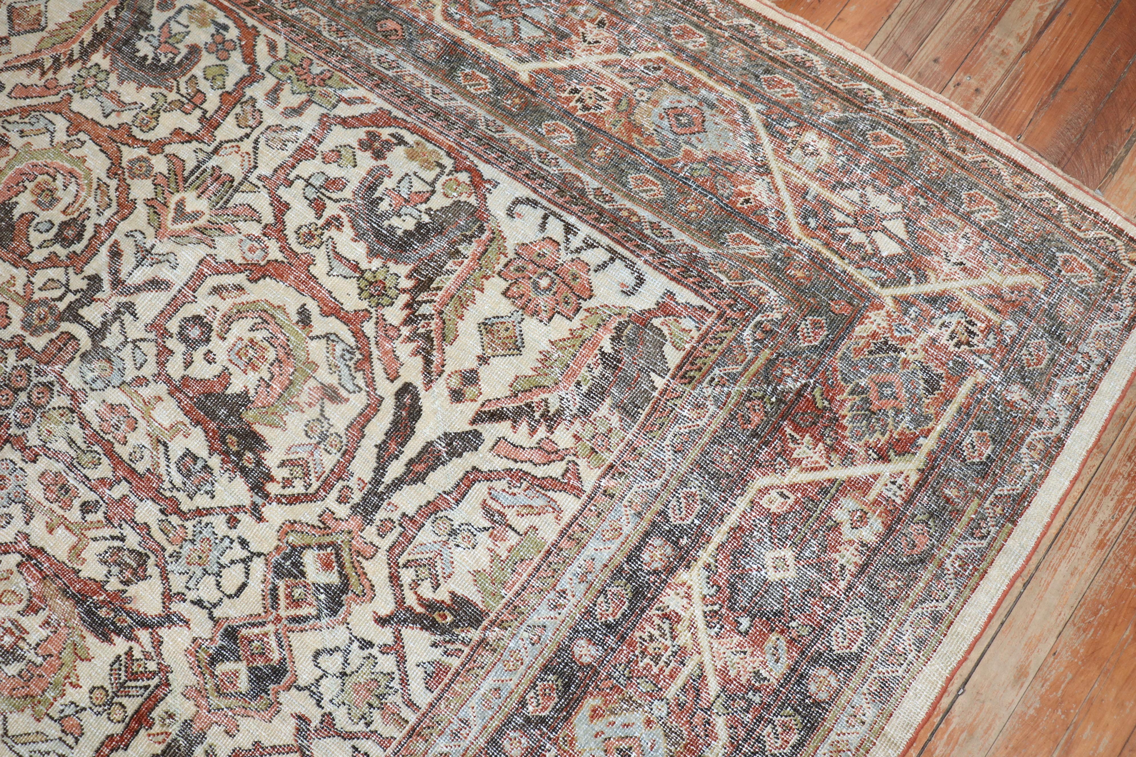 20th Century Worn Ivory Antique Persian Mahal Rug For Sale