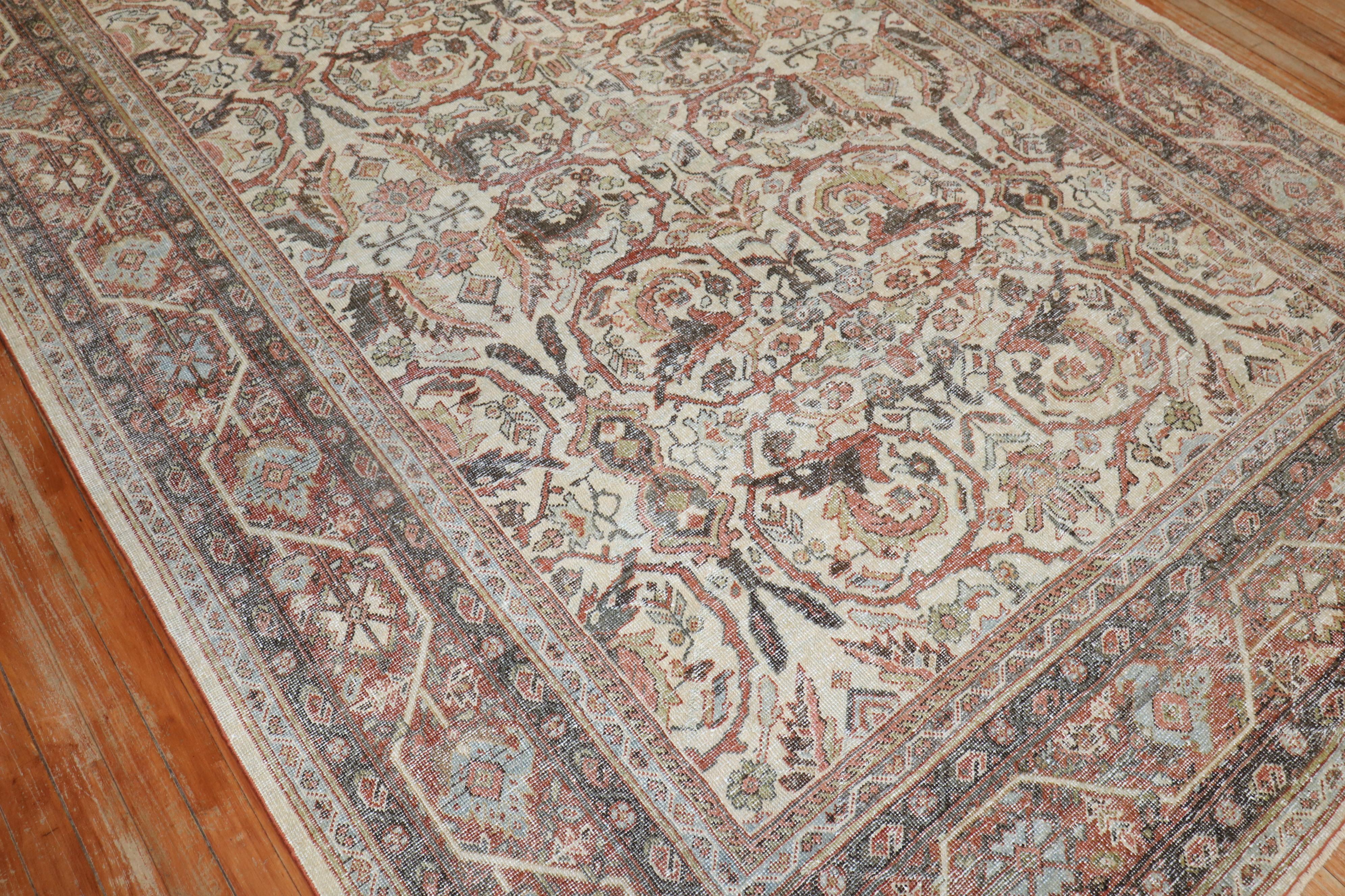 Wool Worn Ivory Antique Persian Mahal Rug For Sale