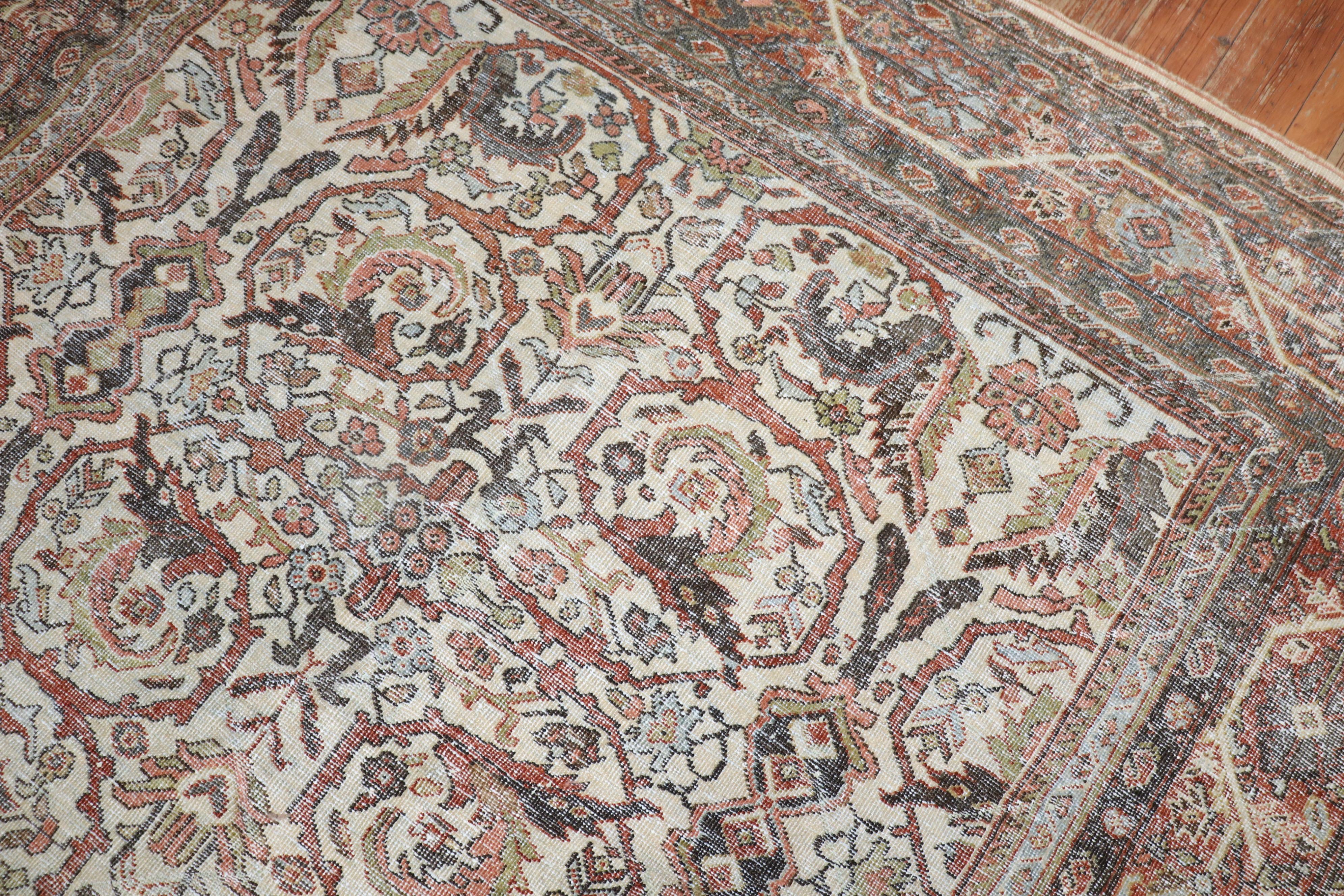 Worn Ivory Antique Persian Mahal Rug For Sale 2