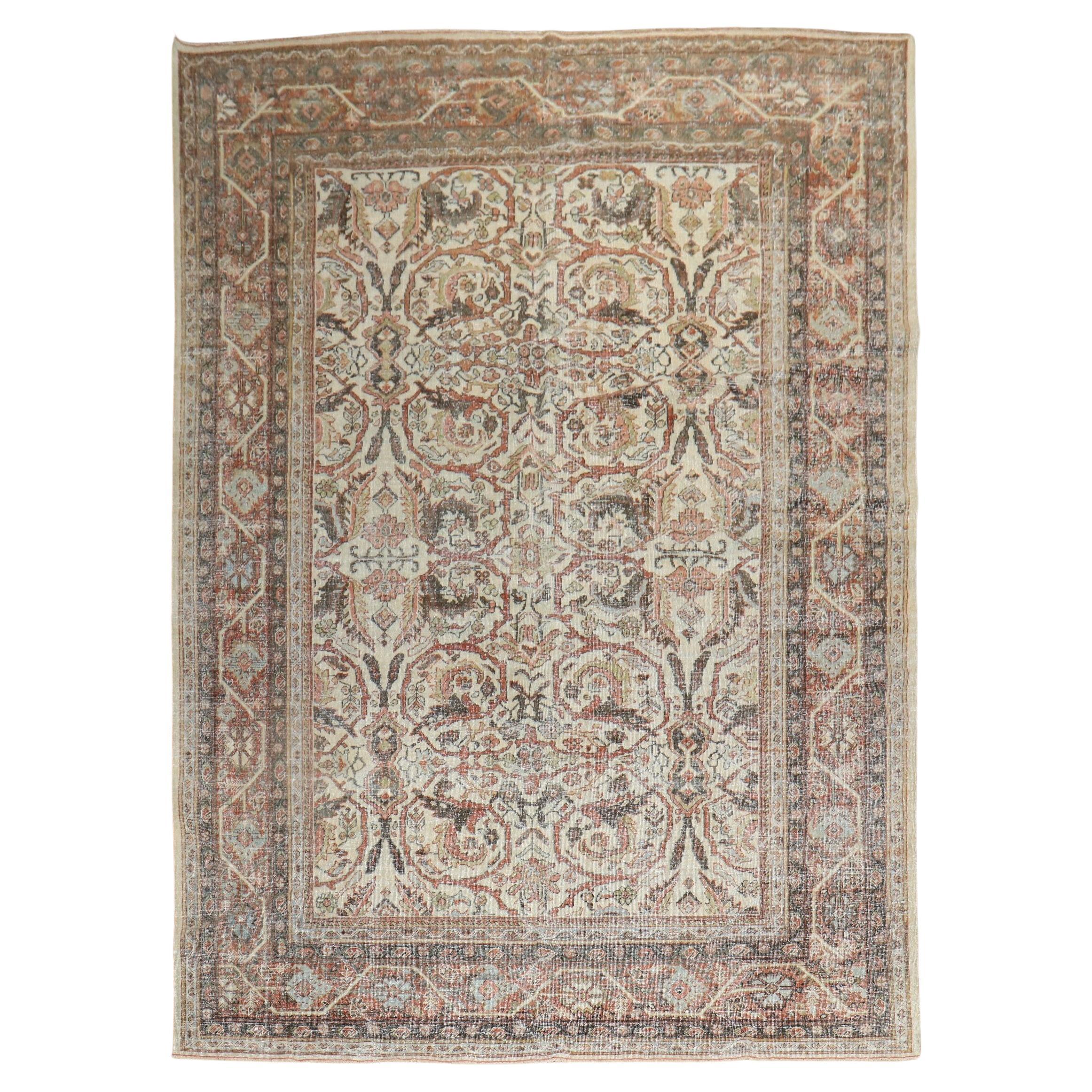 Worn Ivory Antique Persian Mahal Rug For Sale