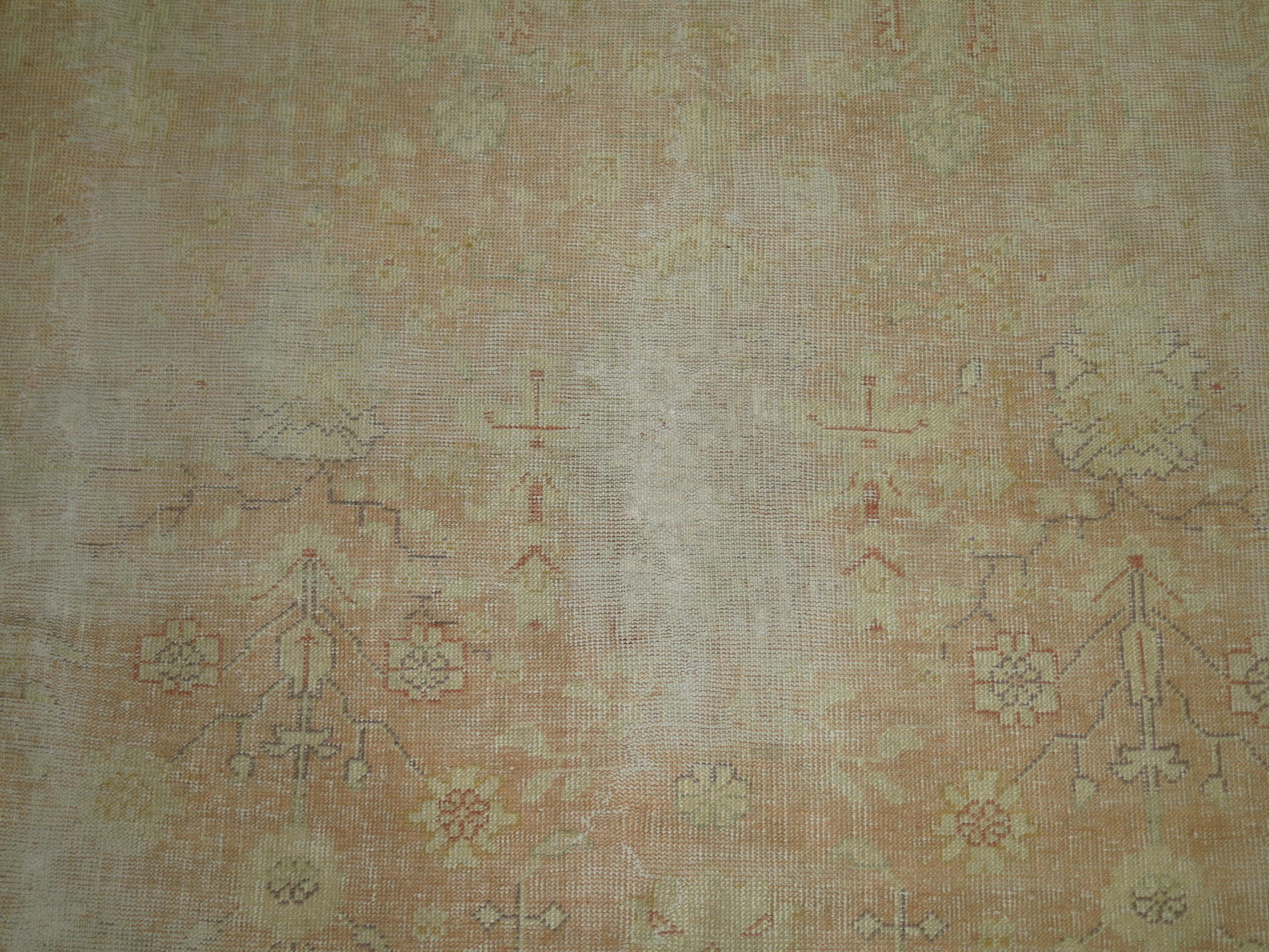 Worn Pale Peach Large Antique Turkish Oushak Rug For Sale 1