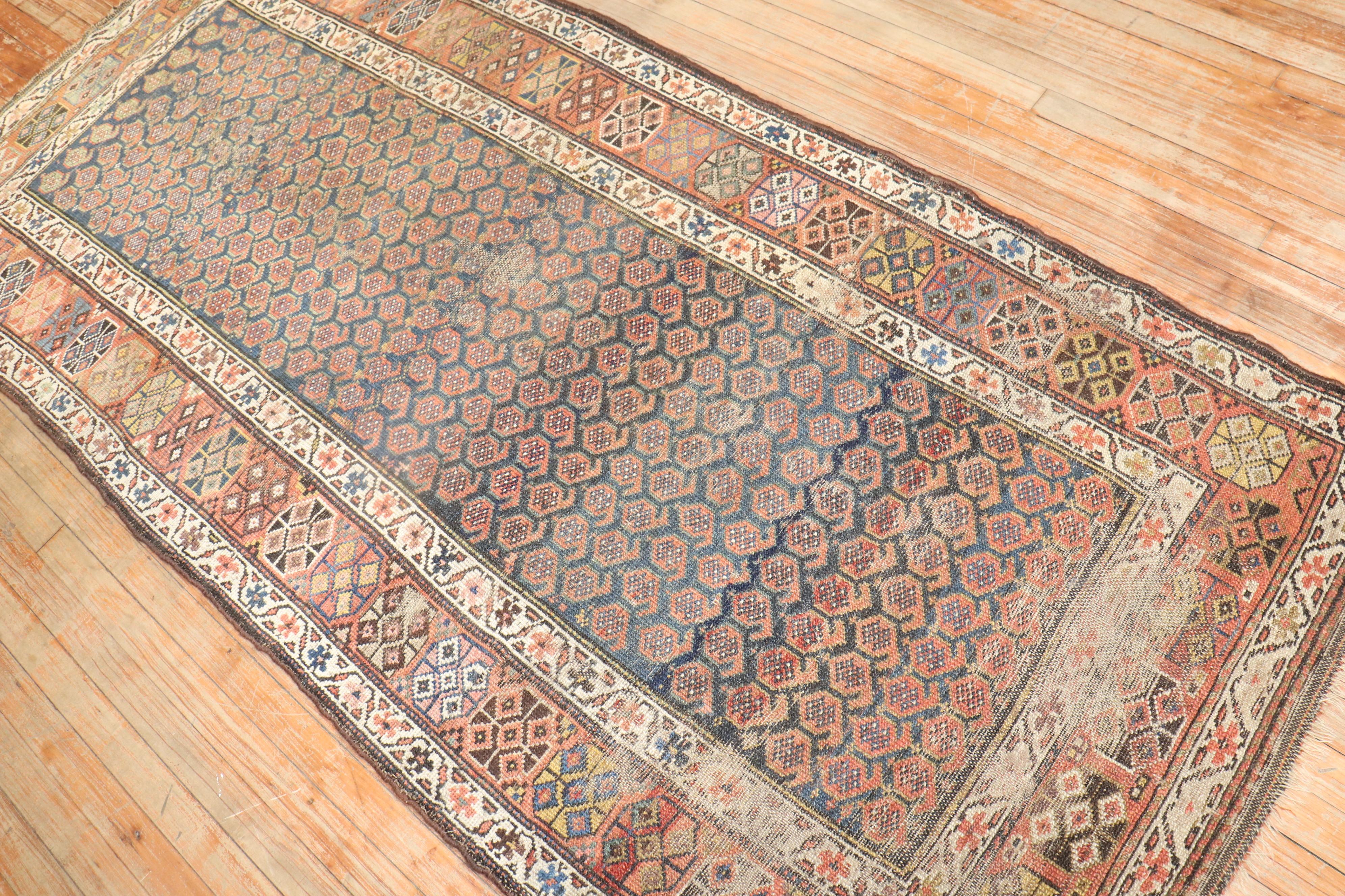 Worn Persian Kurd Wide Antique Runner In Distressed Condition For Sale In New York, NY