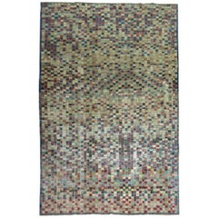 Worn Turkish Checker Motif Deco Room Rug