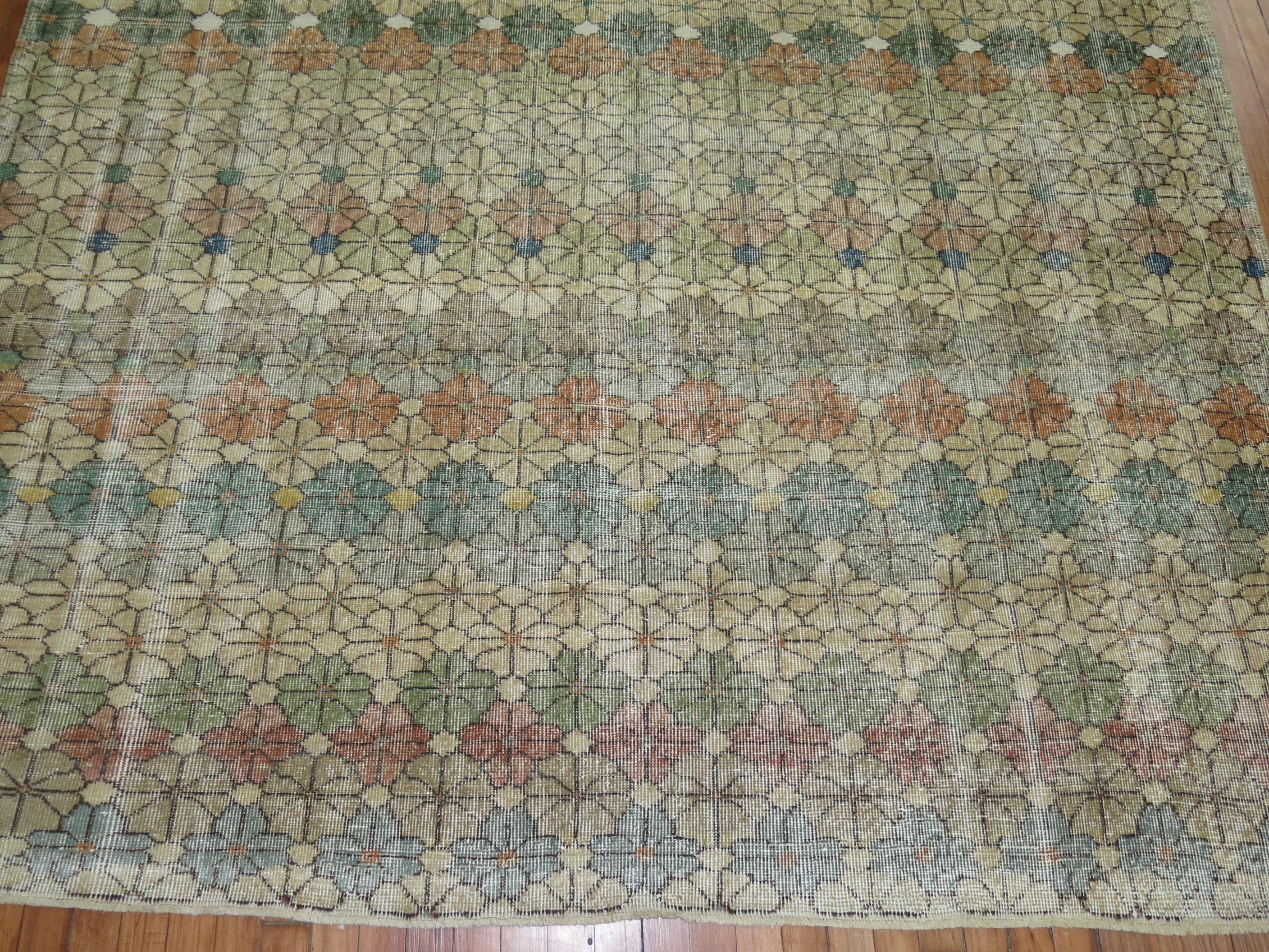 Hand-Knotted Worn Turkish Deco Rug For Sale