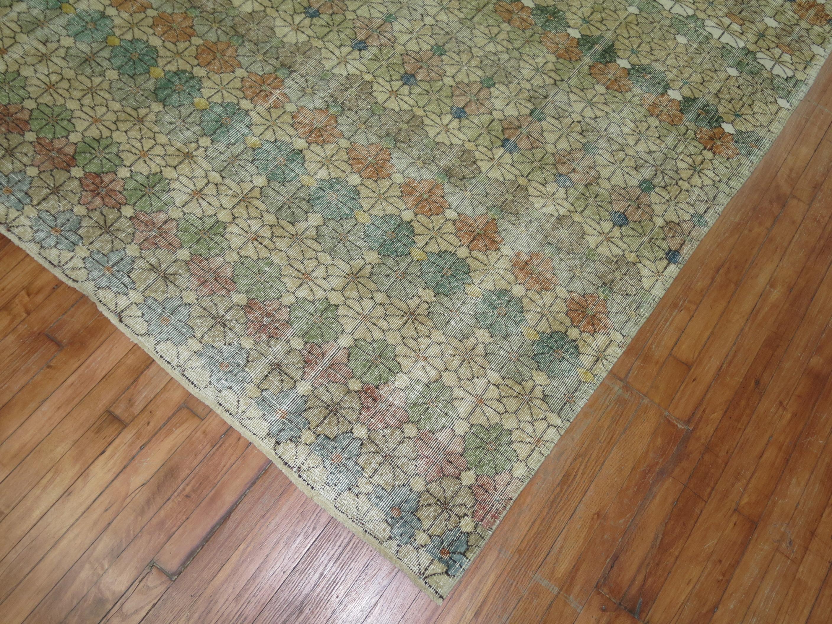 Worn Turkish Deco Rug In Fair Condition For Sale In New York, NY