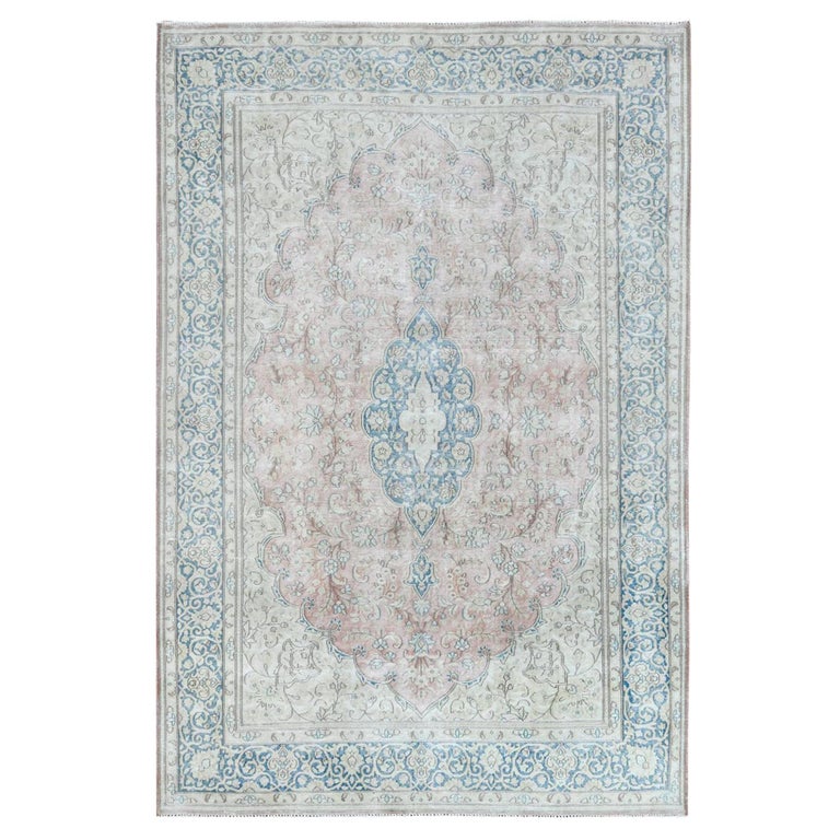 Worn Wool, Cropped Thin, Hand Knotted, Faded Red, Vintage Persian