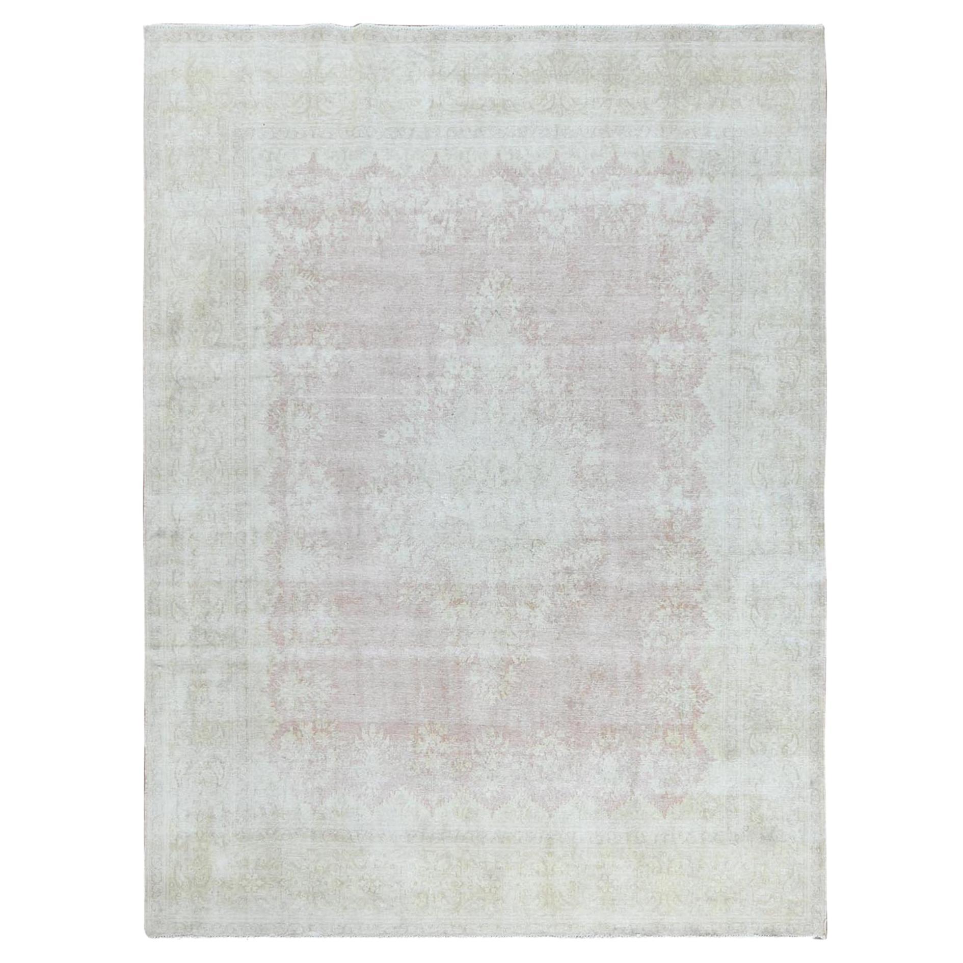 Faded Champagne Vintage Persian Kerman Distressed, Worn Wool Hand