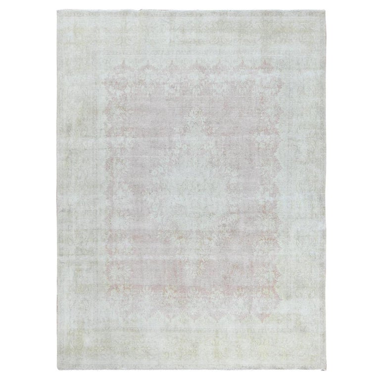 Worn Wool, Hand Knotted, Faded Pink, Vintage Persian Kerman, Distressed