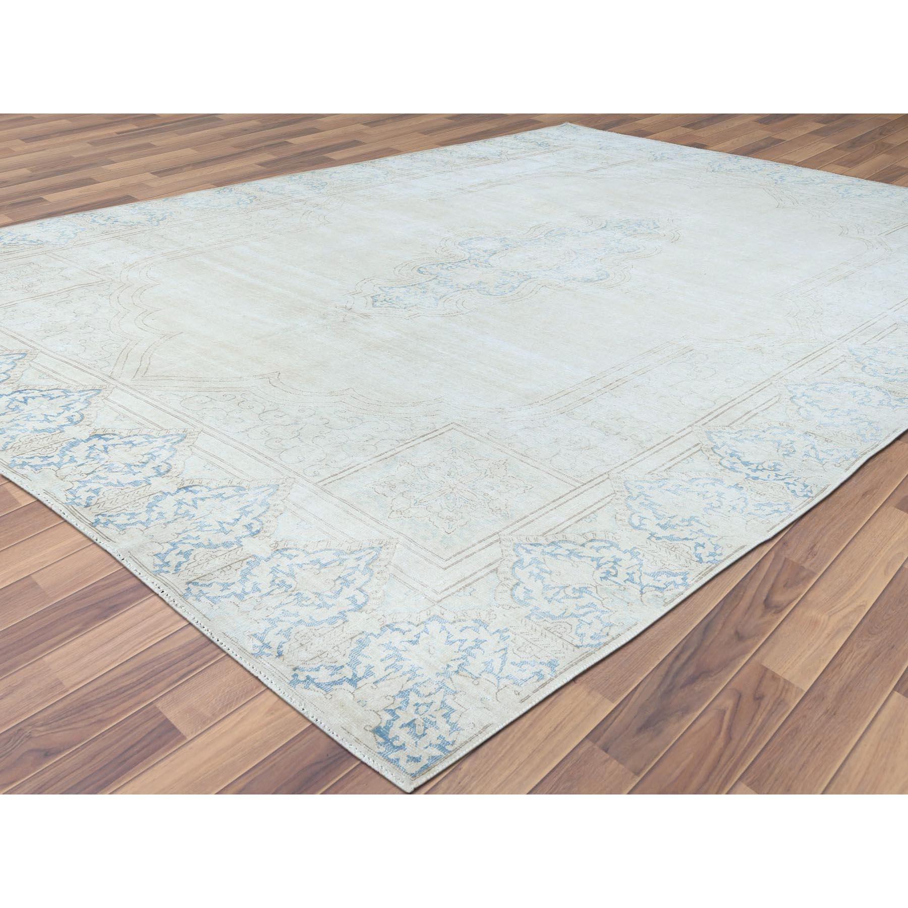 Hand-Knotted Worn Wool, Hand Knotted, Ivory, Vintage Persian Kerman, Distressed Oriental Rug For Sale
