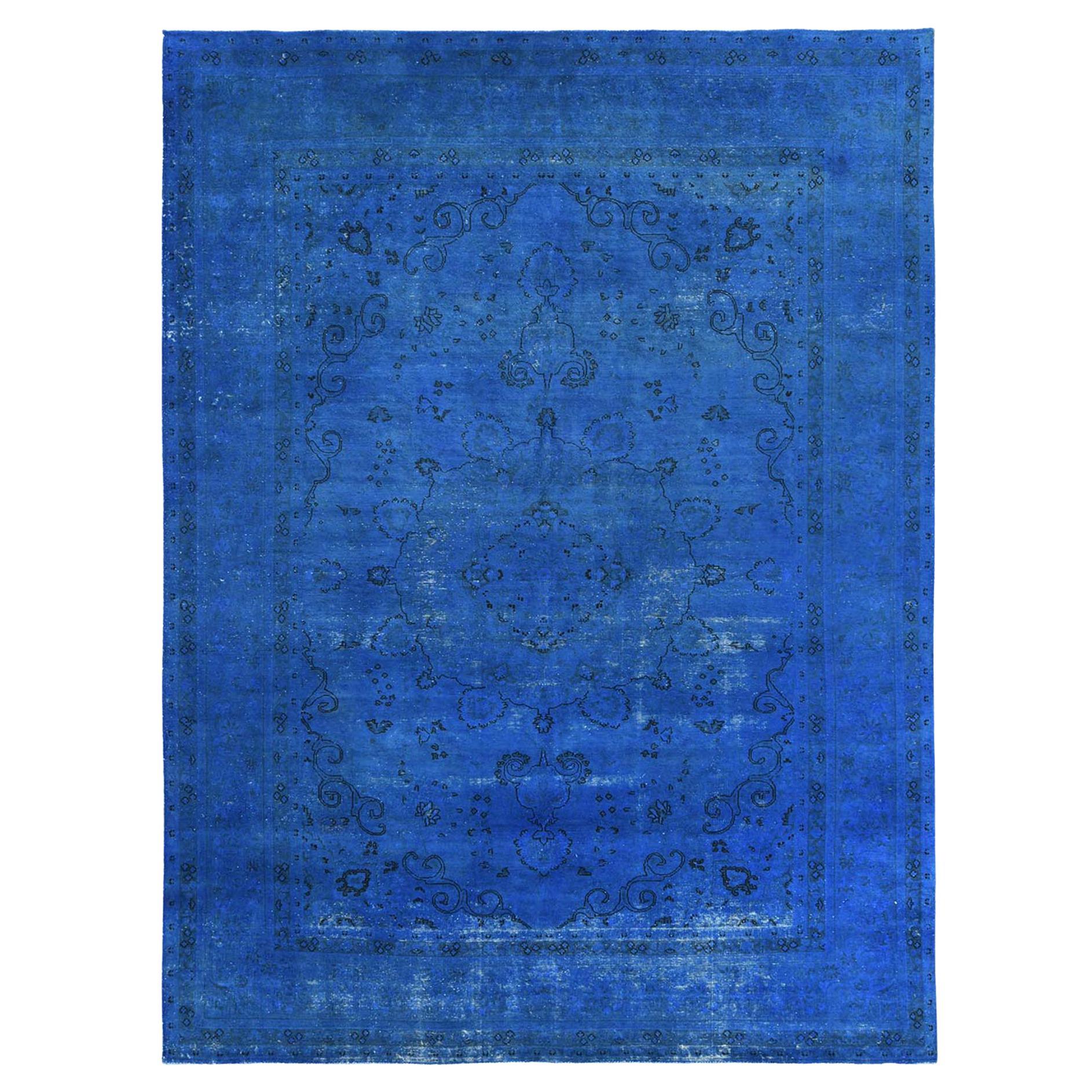 Yellow Overdyed and Vintage Worn Down Persian Tabriz Pure Wool Oriental