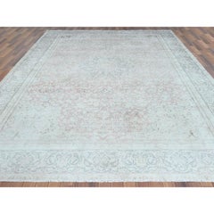 Ivory Sheared Low Hand Knotted Wool Vintage Zoroastrian Karman Distressed Rug