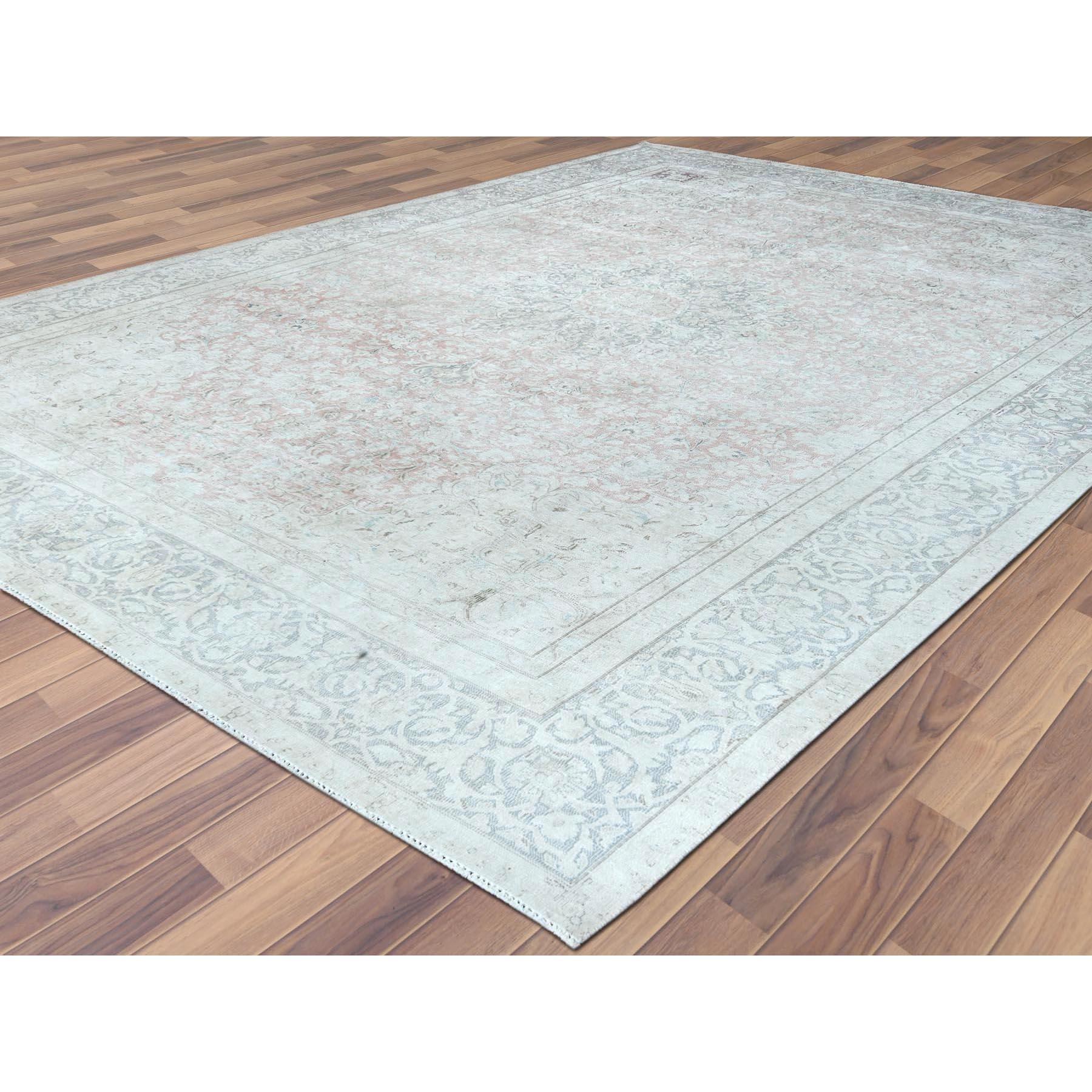 Hand-Knotted Worn Wool, Sheared Low Hand Knotted Ivory, Vintage Persian Kerman Distressed Rug For Sale