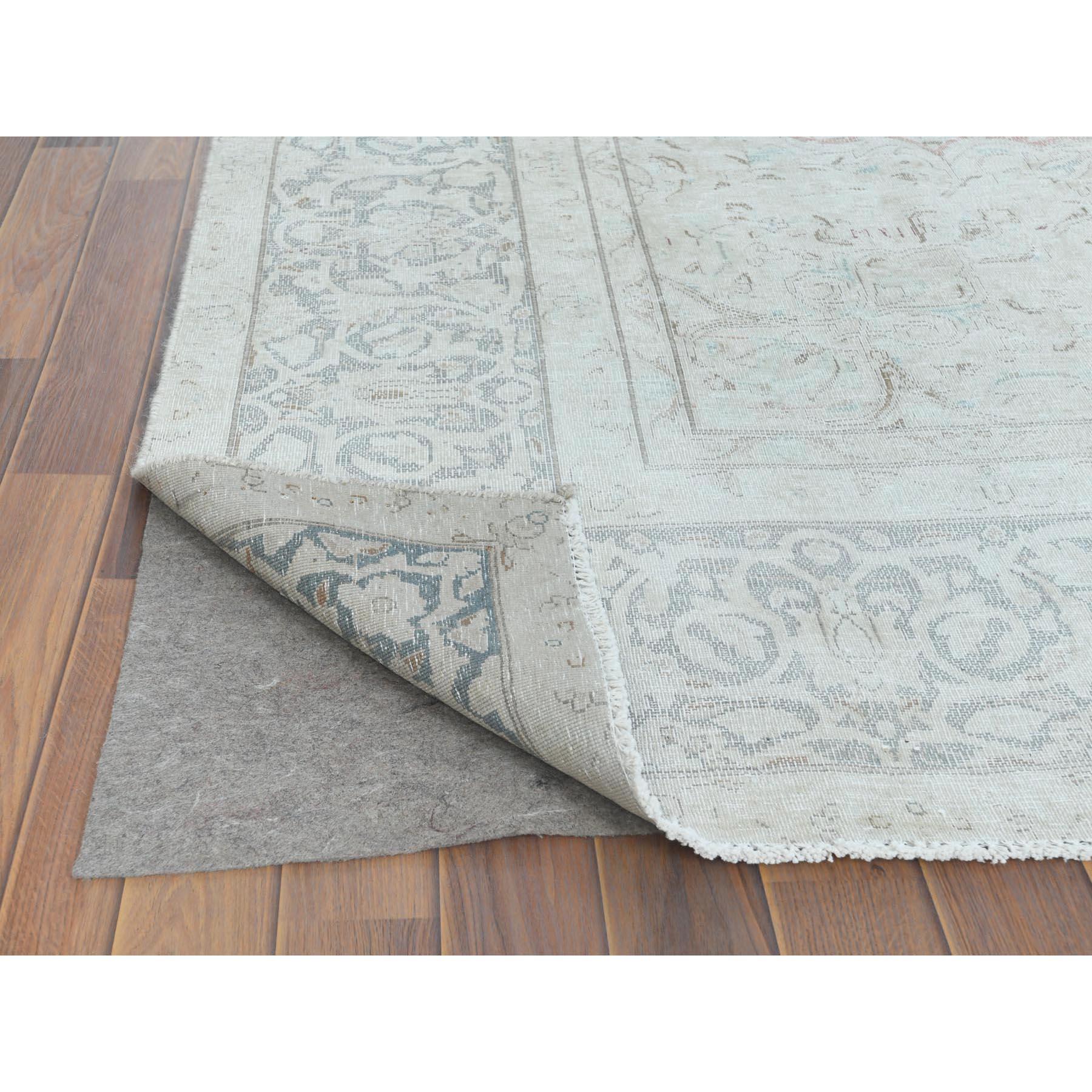 Worn Wool, Sheared Low Hand Knotted Ivory, Vintage Persian Kerman Distressed Rug In Good Condition For Sale In Carlstadt, NJ