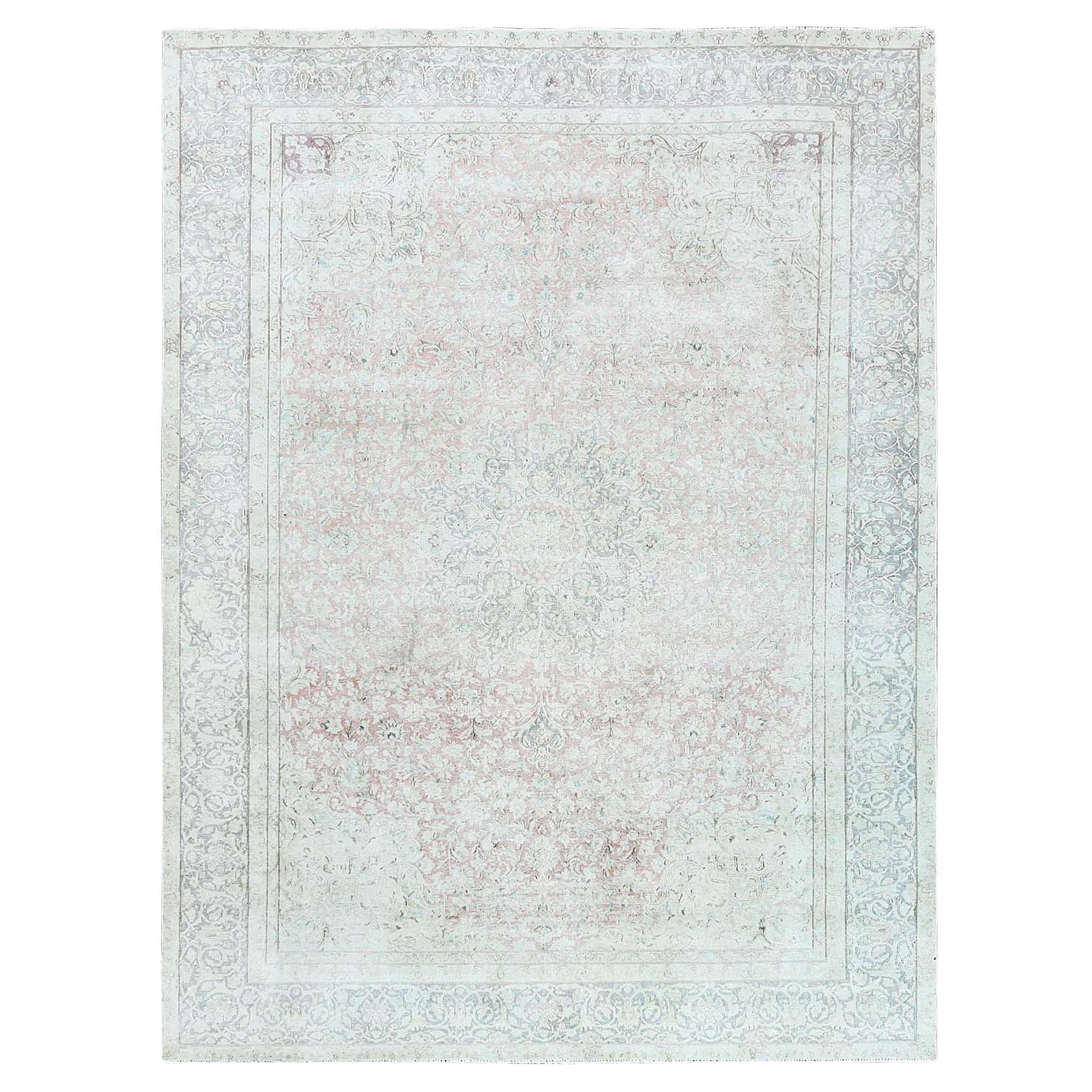 Worn Wool, Sheared Low Hand Knotted Ivory, Vintage Persian Kerman Distressed Rug For Sale
