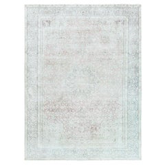 Worn Wool, Sheared Low Hand Knotted Ivory, Retro Persian Kerman Distressed Rug