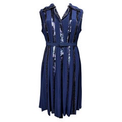Worth 1955 Navy Silk-Crepe Cocktail Dress with Embroidered Stripes