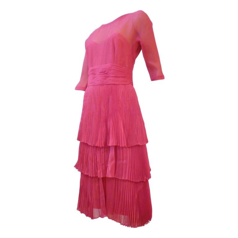 Worth 50s Shimmery Fuschia Cocktail Dress w/ Lavish Pleating