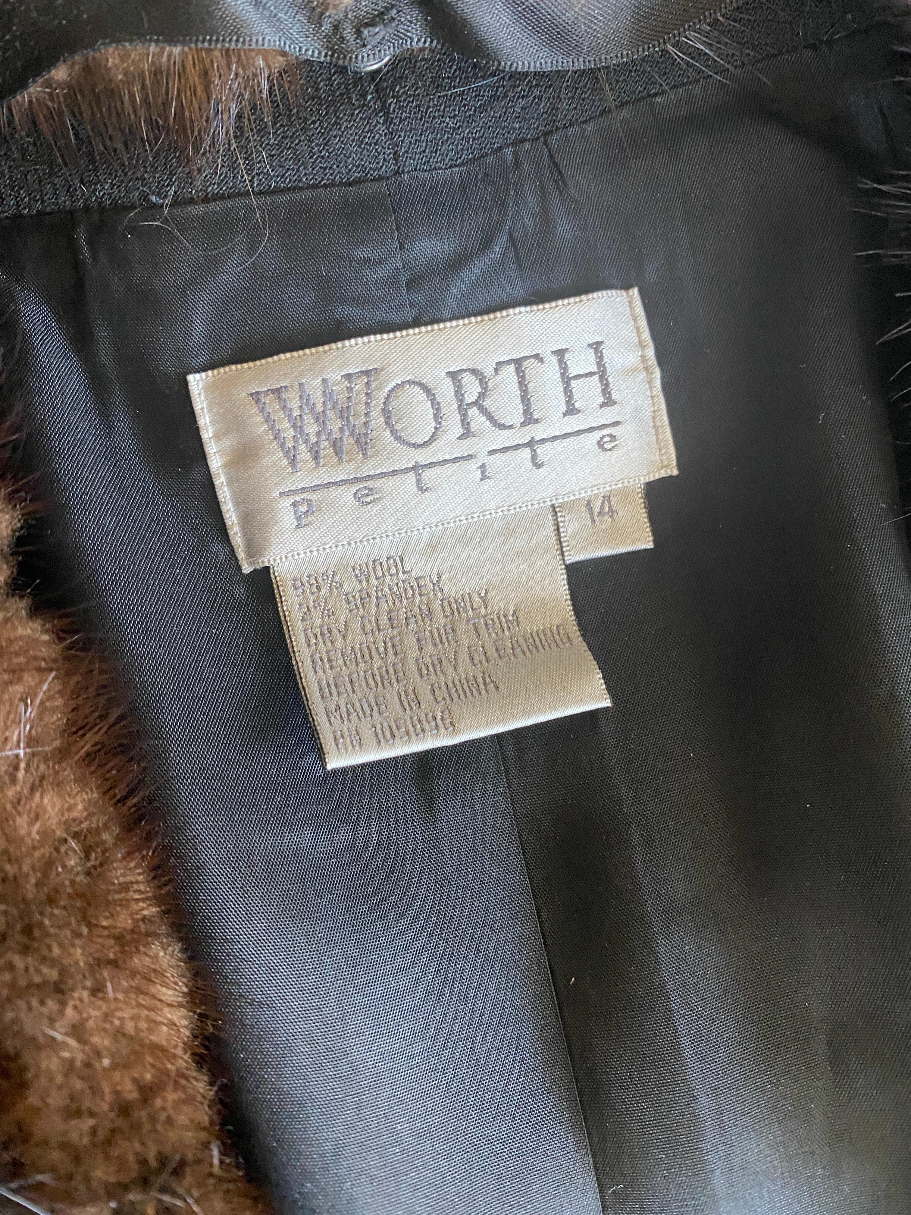 Worth New York CHIC! Black Wool Crepe Suit w/ Mink Trim Jacket Sz 12/14 For Sale 12