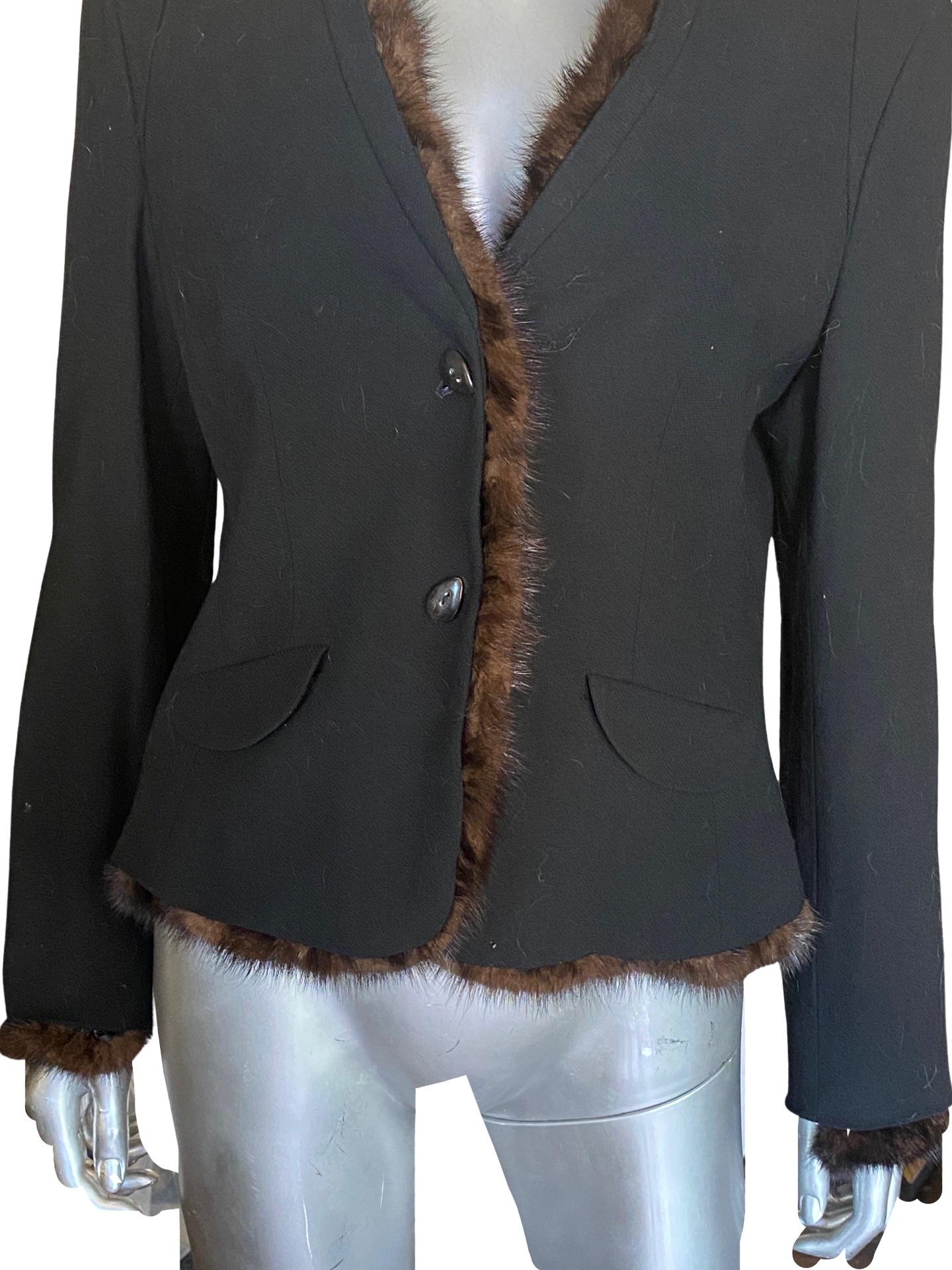 Worth New York CHIC! Black Wool Crepe Suit w/ Mink Trim Jacket Sz 12/14 For Sale 8