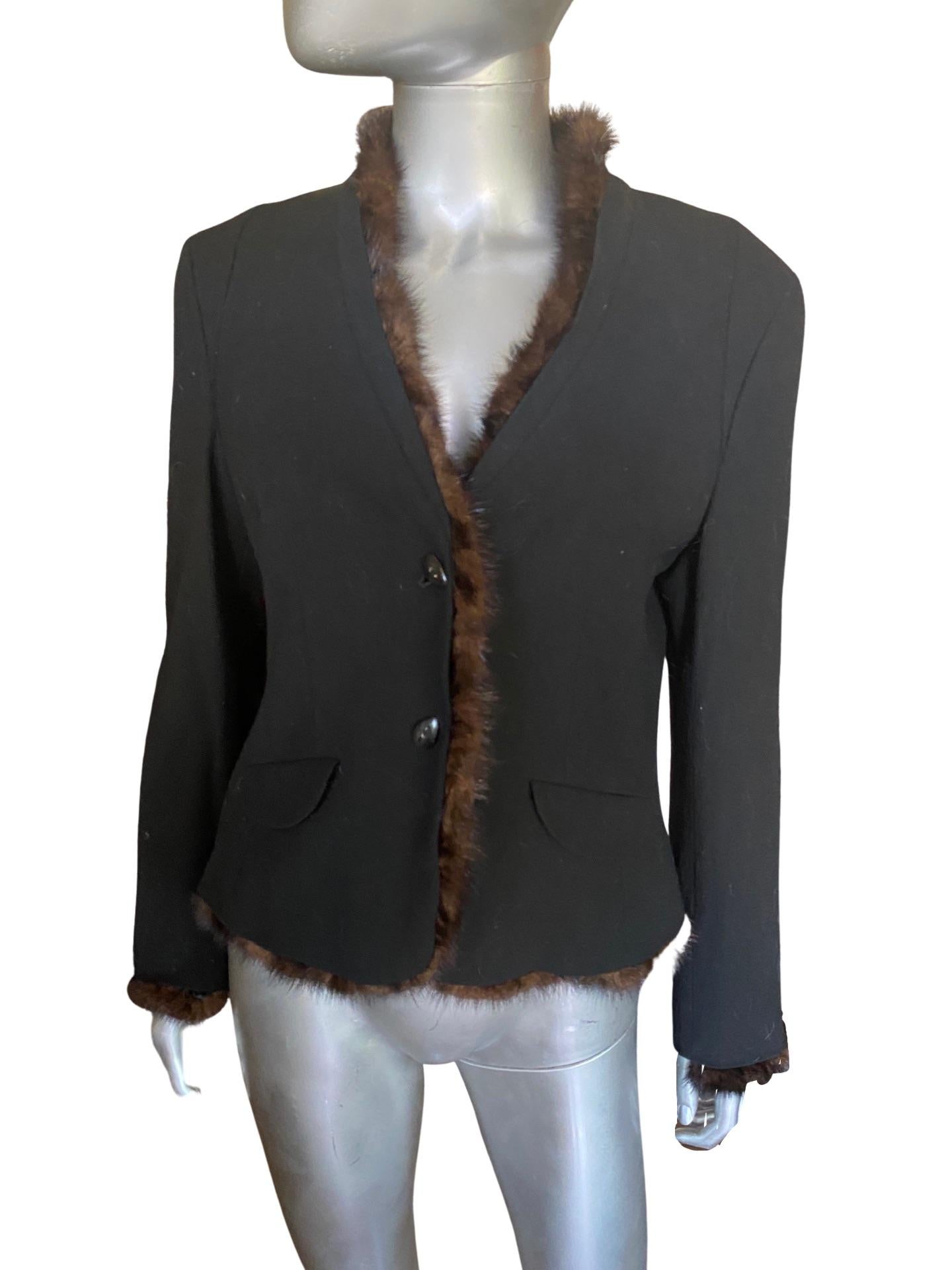 Worth New York CHIC! Black Wool Crepe Suit w/ Mink Trim Jacket Sz 12/14 For Sale 9