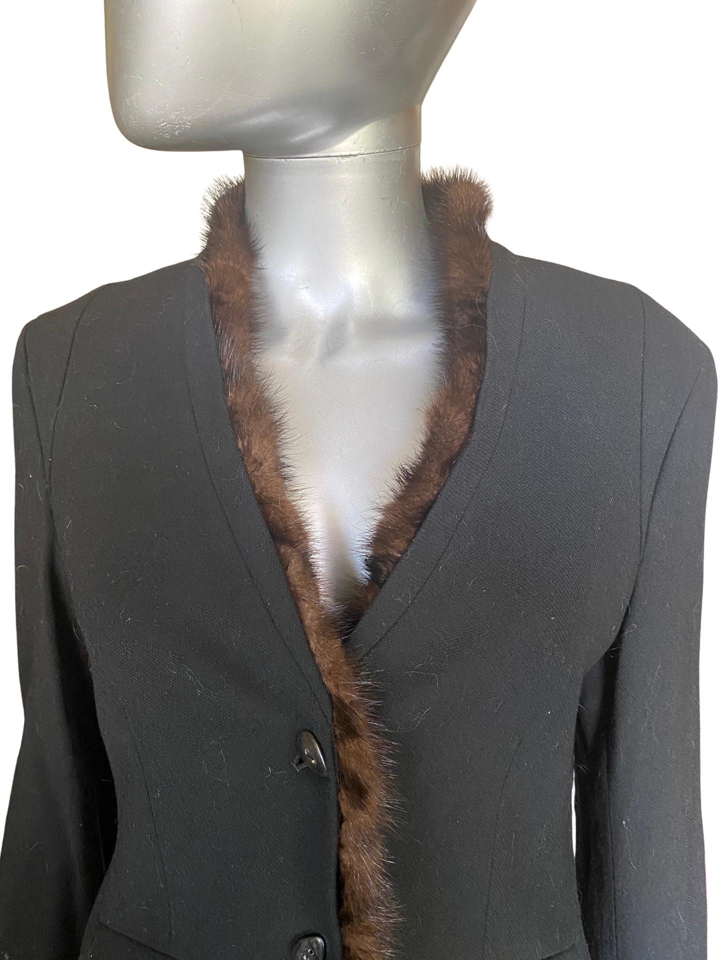 Worth New York CHIC! Black Wool Crepe Suit w/ Mink Trim Jacket Sz 12/14 For Sale 10