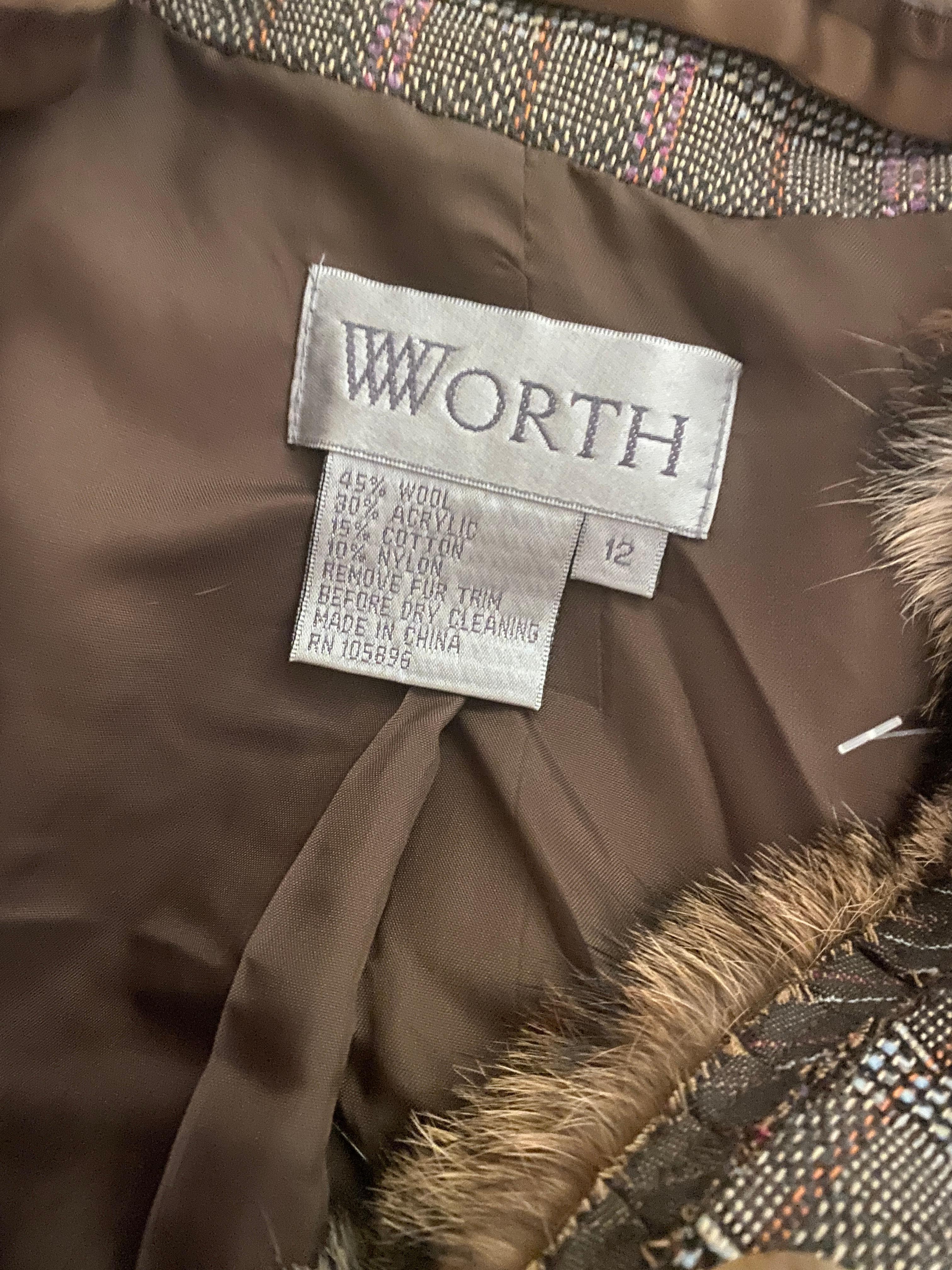 Worth New York Chic Brown/Lilac Plaid Suit w/  Fur Trim Jacket Size 10/12 For Sale 12