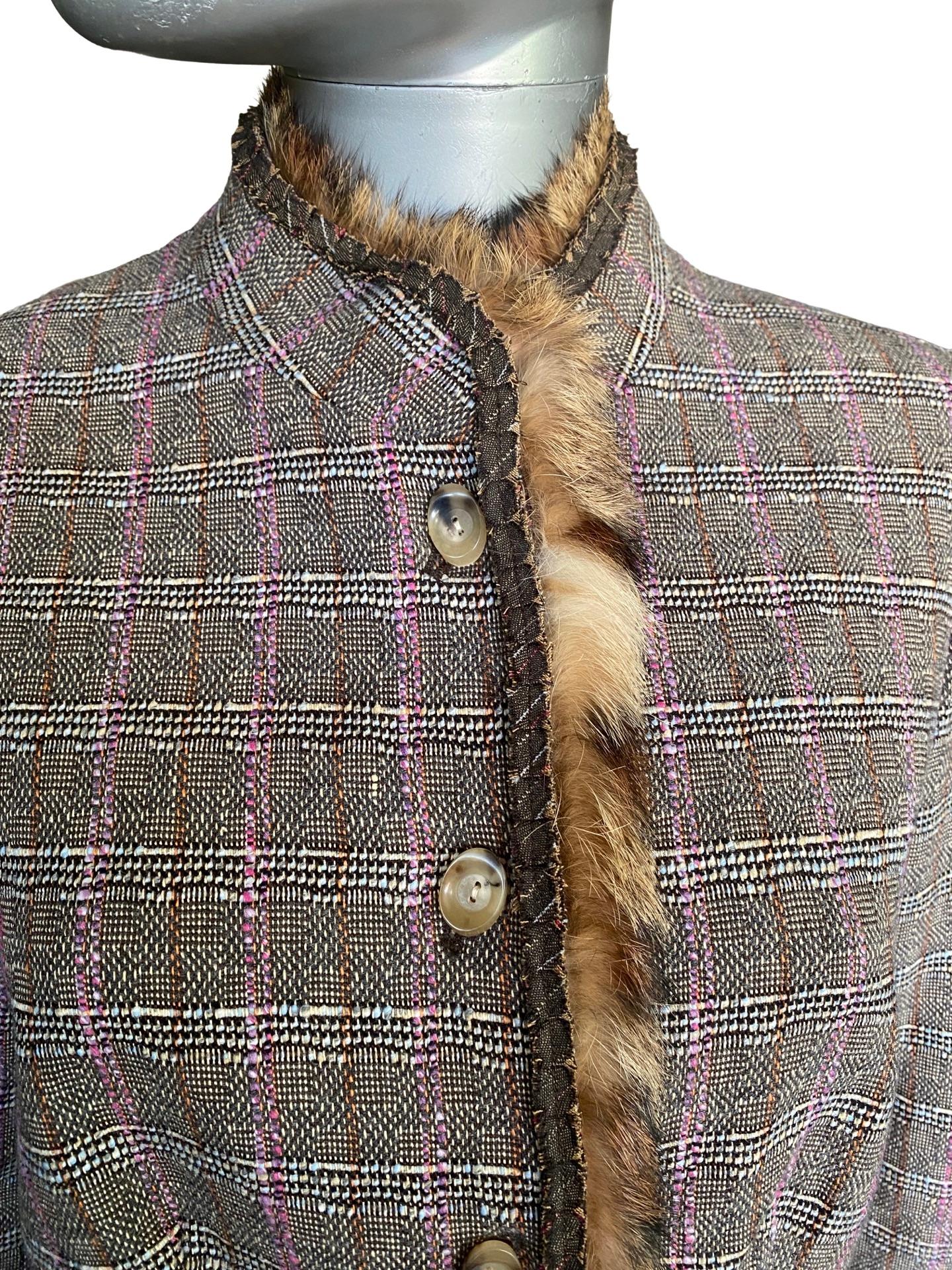 Worth New York Chic Brown/Lilac Plaid Suit w/  Fur Trim Jacket Size 10/12 For Sale 7