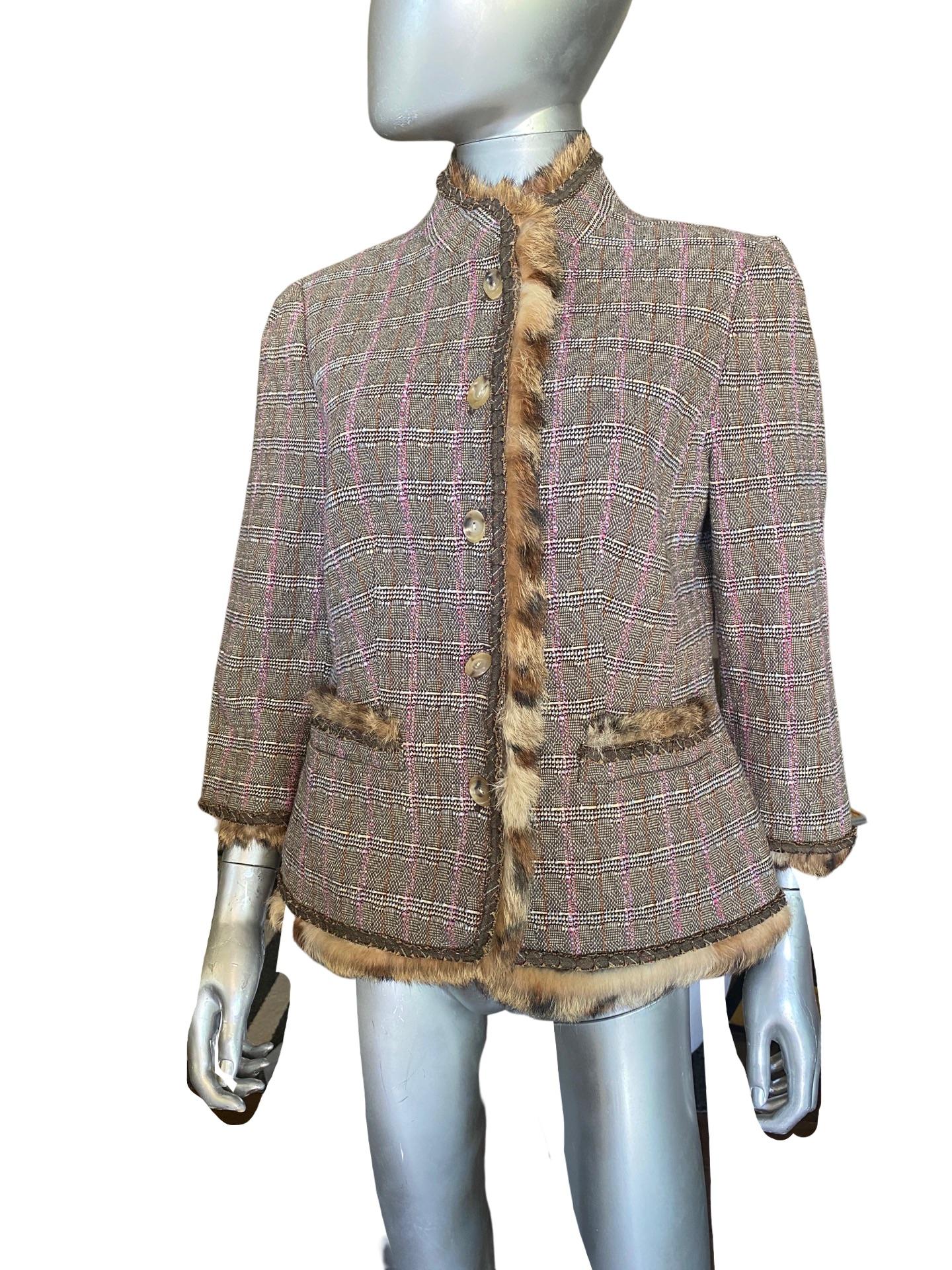 Worth New York Chic Brown/Lilac Plaid Suit w/  Fur Trim Jacket Size 10/12 For Sale 8