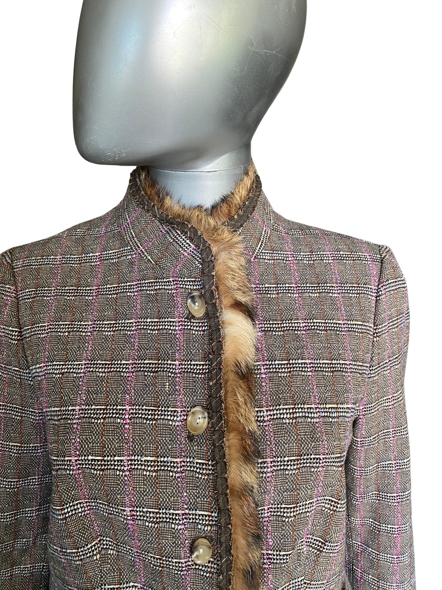 Worth New York Chic Brown/Lilac Plaid Suit w/  Fur Trim Jacket Size 10/12 For Sale 11
