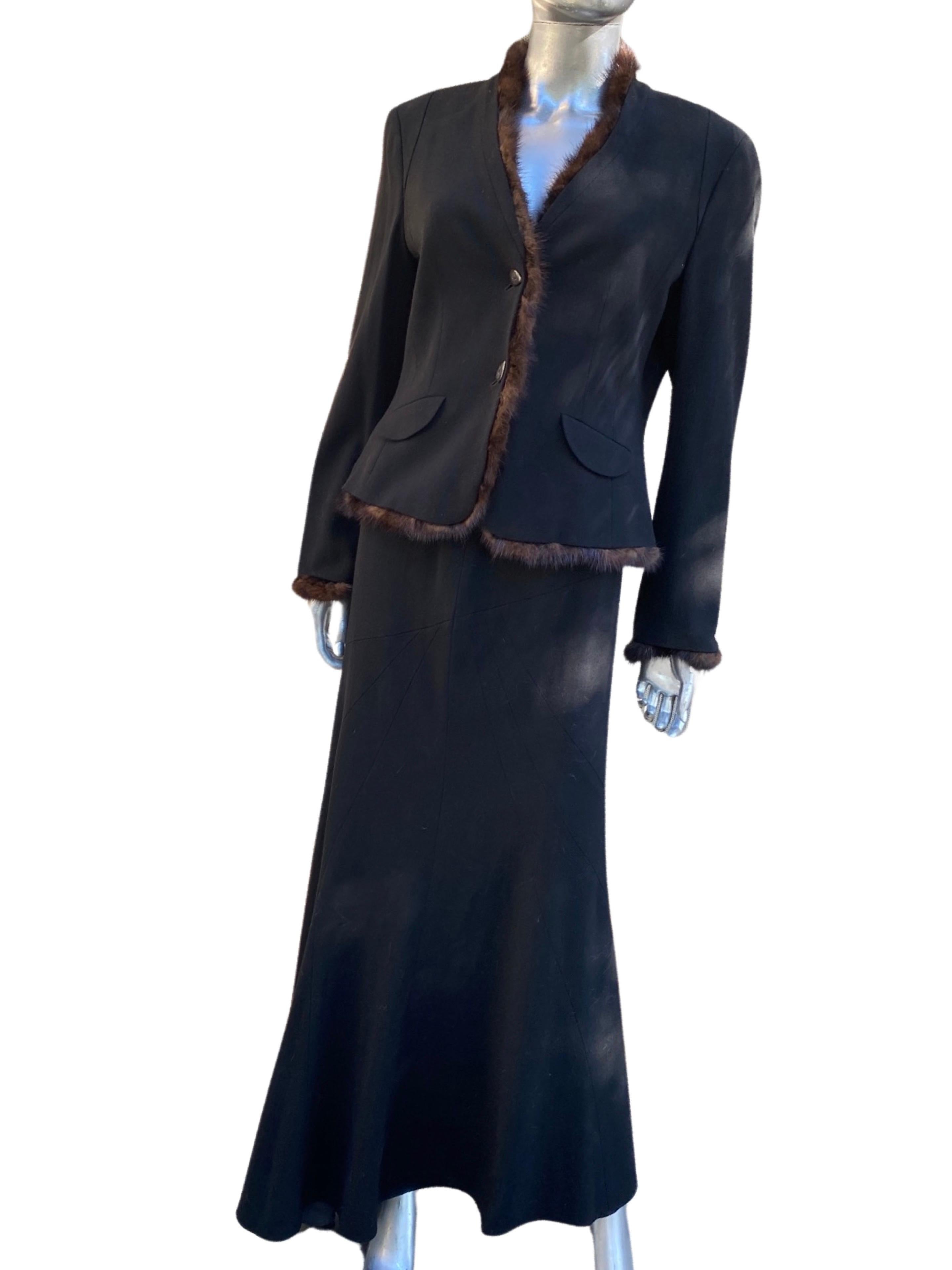 Worth New York CHIC! Black Wool Crepe Suit w/ Mink Trim Jacket Sz 12/14 For Sale 4