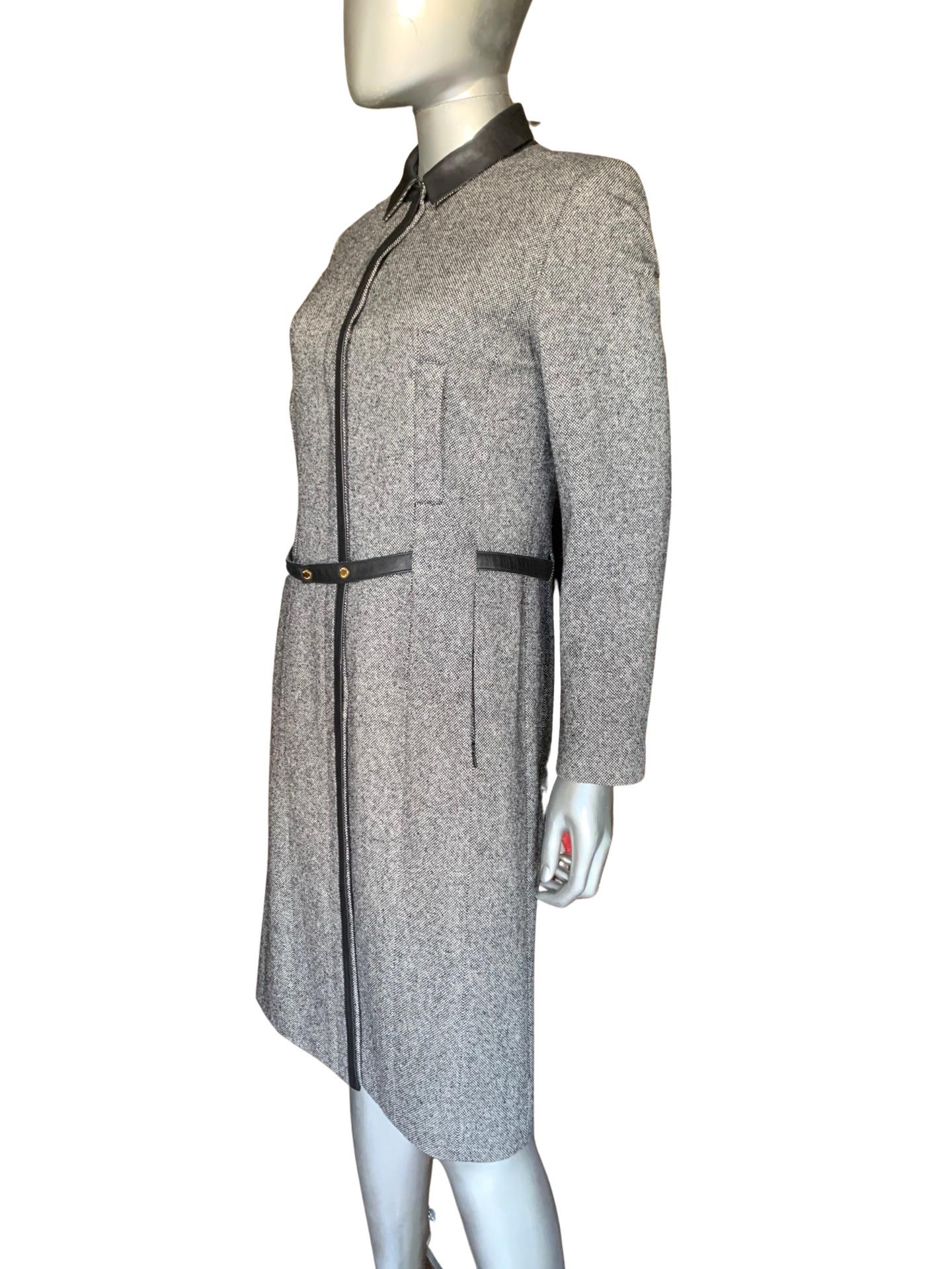 Worth New York Millitary Silk/Wool Coat Dress with Black Leather Trim Size 4 For Sale 1