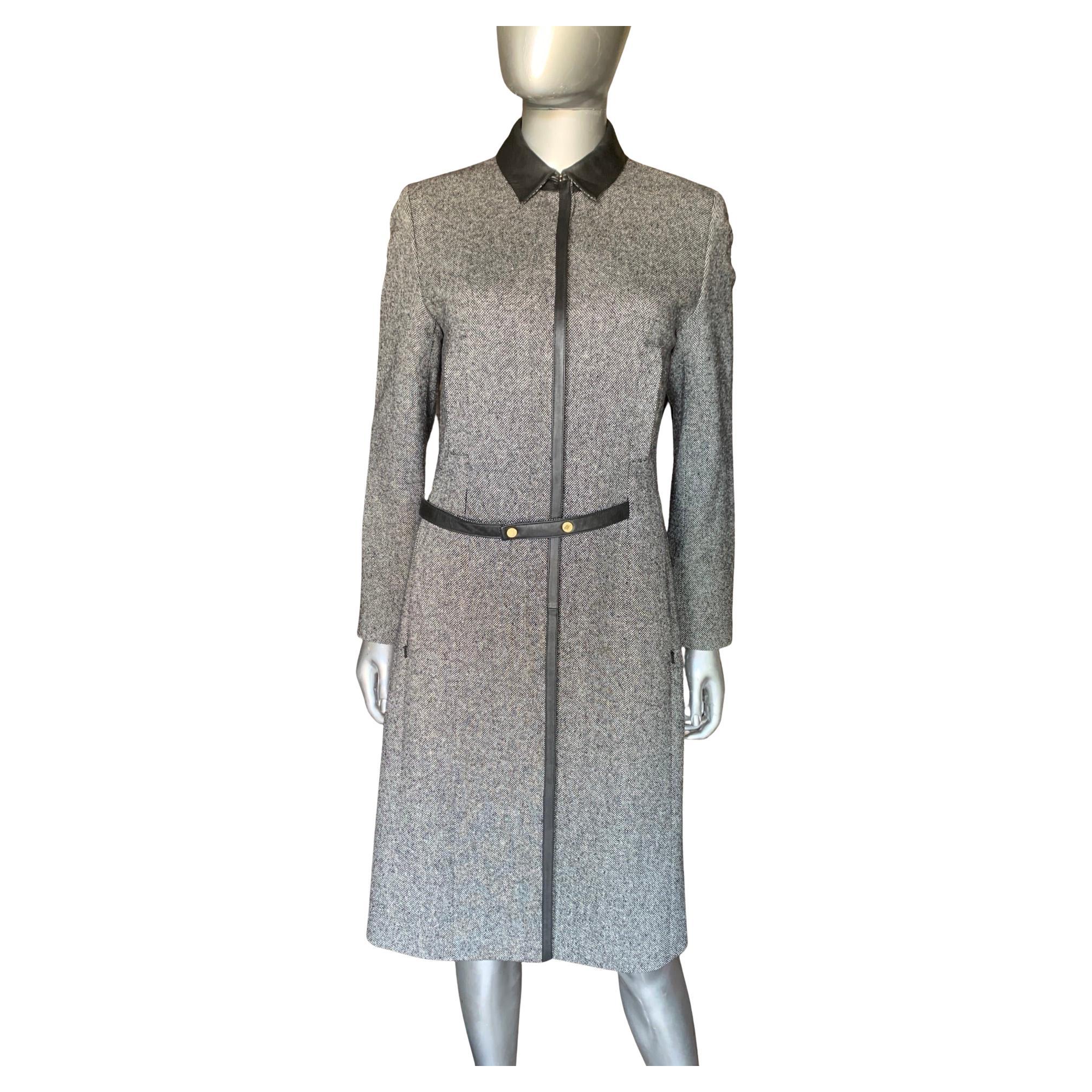 Worth New York Millitary Seide/Wolle Mantel Kleid mit schwarzem Lederbesatz Größe 4
