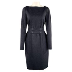 WORTH, Größe 4, graues, anthrazitfarbenes, knielanges Kleid aus Rayon-Mischgewebe mit Gürtel