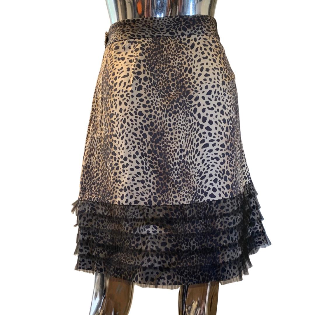 Gray Worth “W” Label Leopard Print Skirt with Pleated Net Ruffle Hem Size 6 For Sale
