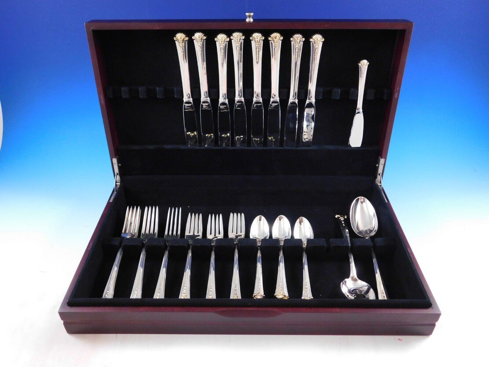 Rare Dinner Size Worthington Gold Accent by Kirk-Stieff Sterling Silver Flatware set - 35 pieces. This set includes:

8 Dinner Size Knives, 9 3/4