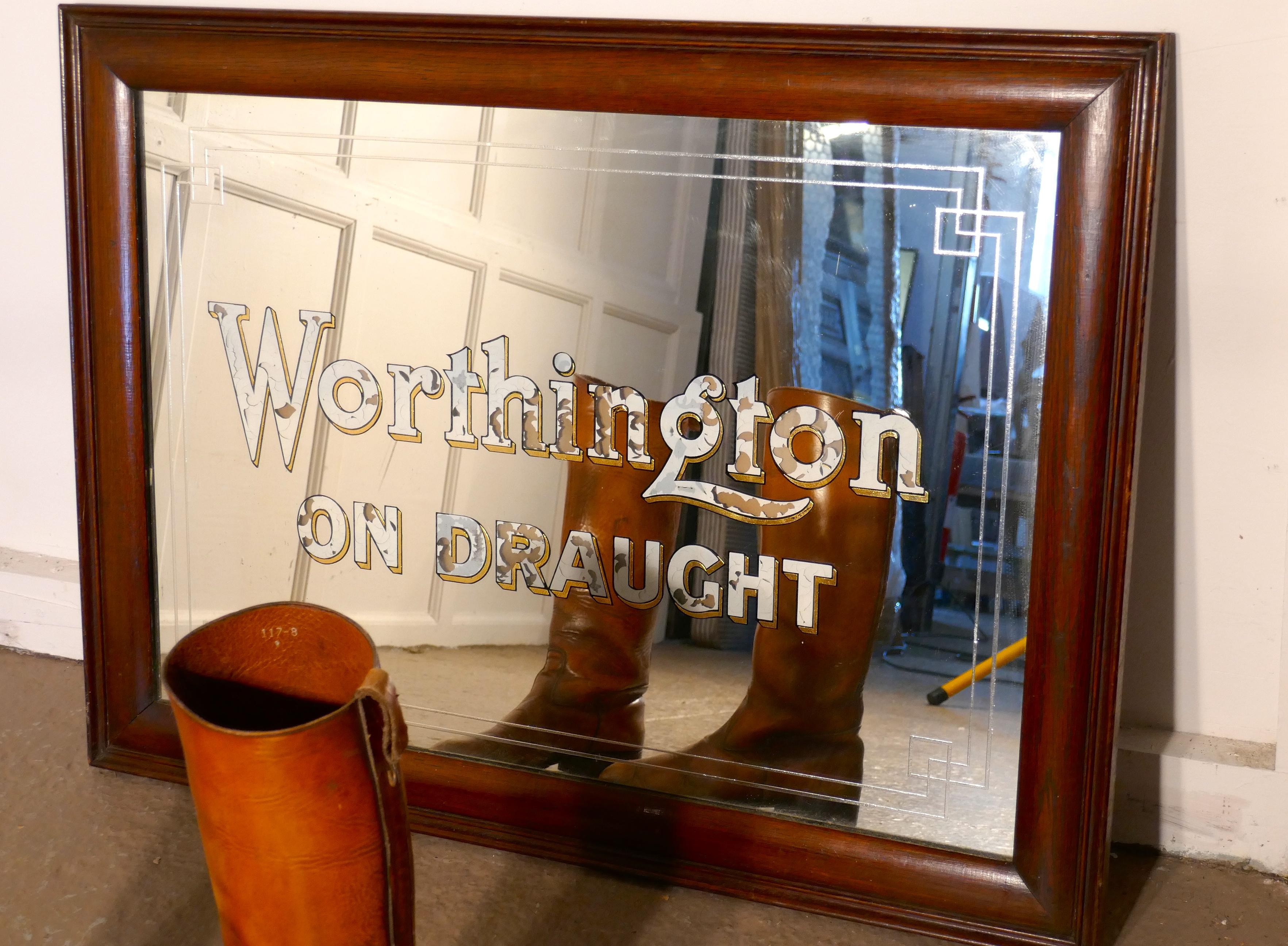 Worthington on Draught beer advertising mirror.

Very rare old mirror, with bold white and gold writing proclaiming Worthington On Draught, there is an Art Deco Odeon style double etched border around the edge of the mirror and it is set in a 3”