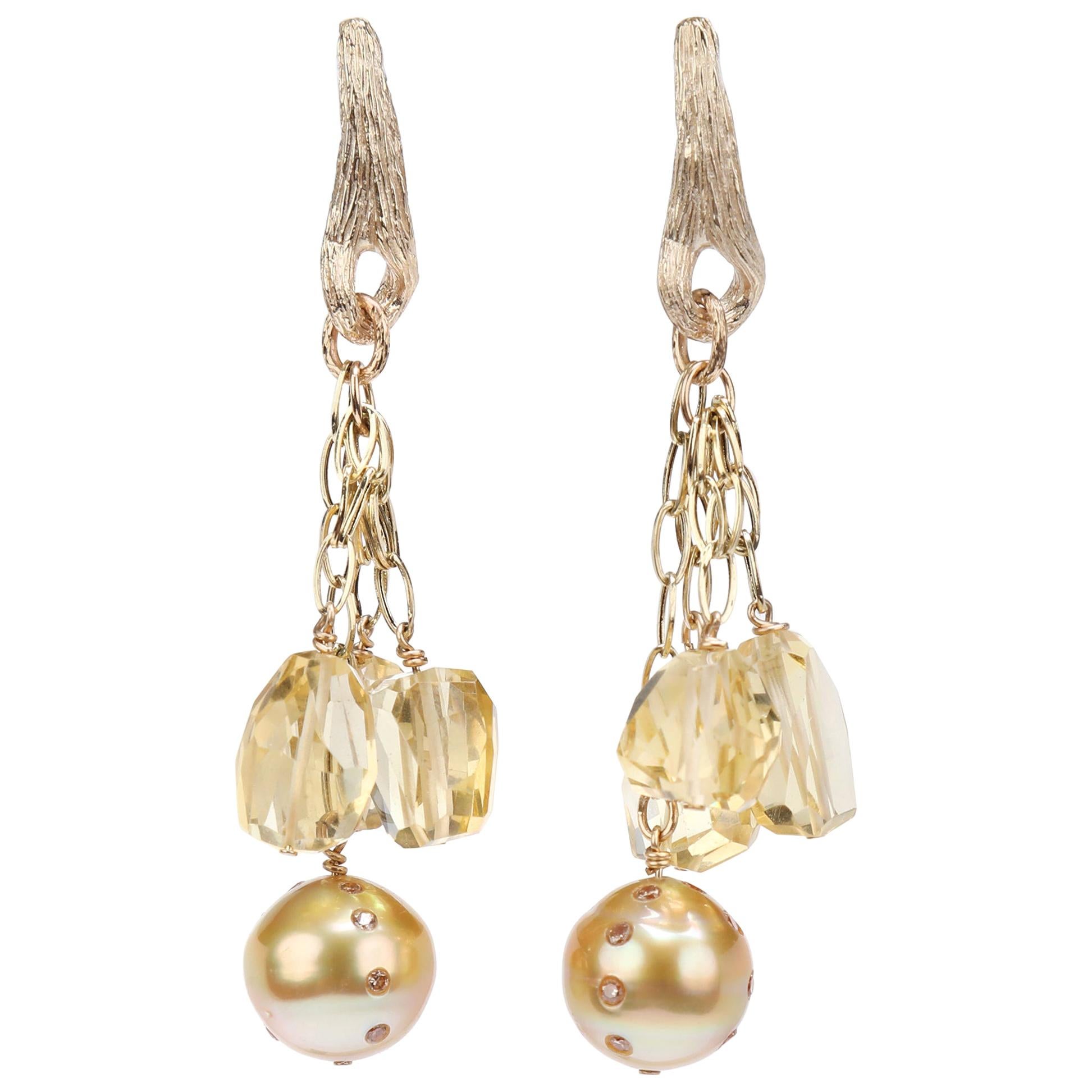 South Sea Pearl, Diamond, Citrine, and Gold Chandelier Earrings