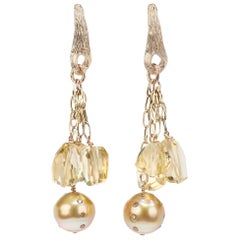 South Sea Pearl, Diamond, Citrine, and Gold Chandelier Earrings