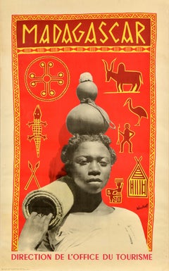 Affiche de voyage vintage originale, Tourisme de Madagascar, Photo, Art traditionnel