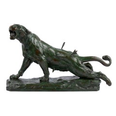 “Wounded Lioness” French Antique Bronze Sculpture by Charles Valton