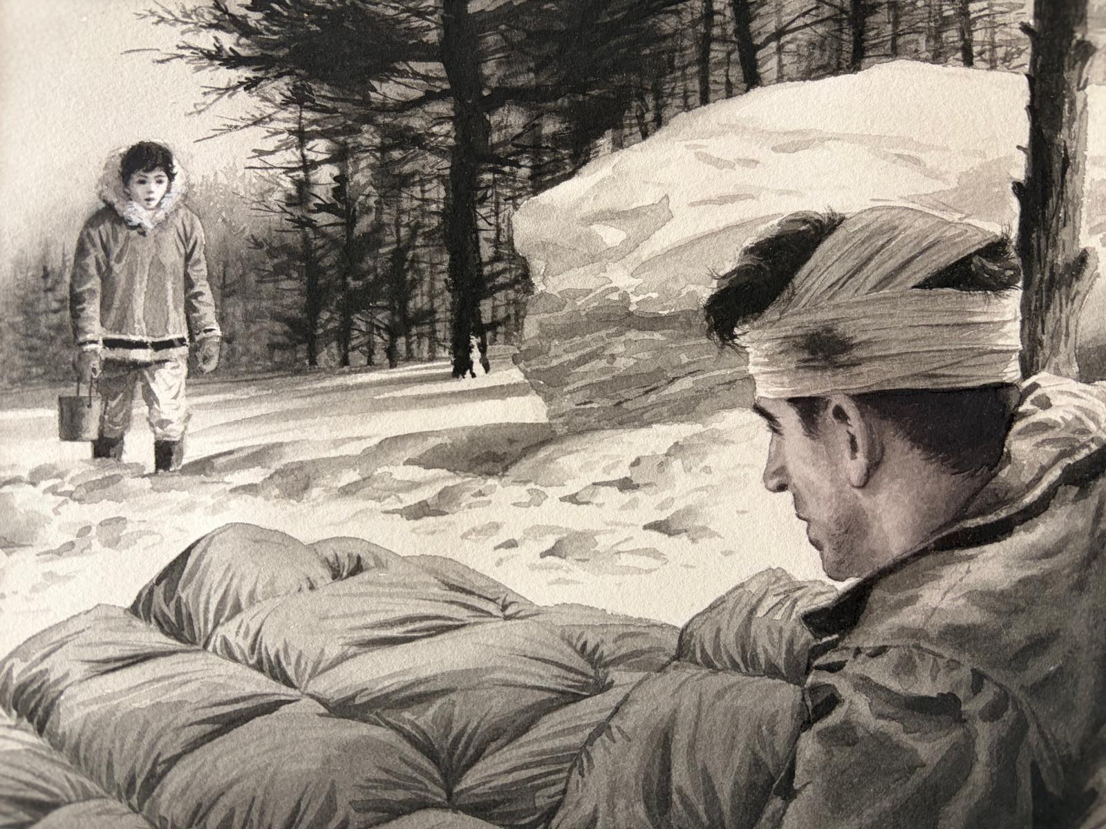 Soldat blessé et visiteur hivernal - Illustration originale de Charles Burki, c.C.C.

Cette poignante illustration en noir et blanc de Charles Whiting (1909-1994) capture un moment d'humanité tranquille au milieu de la désolation de la guerre. Un