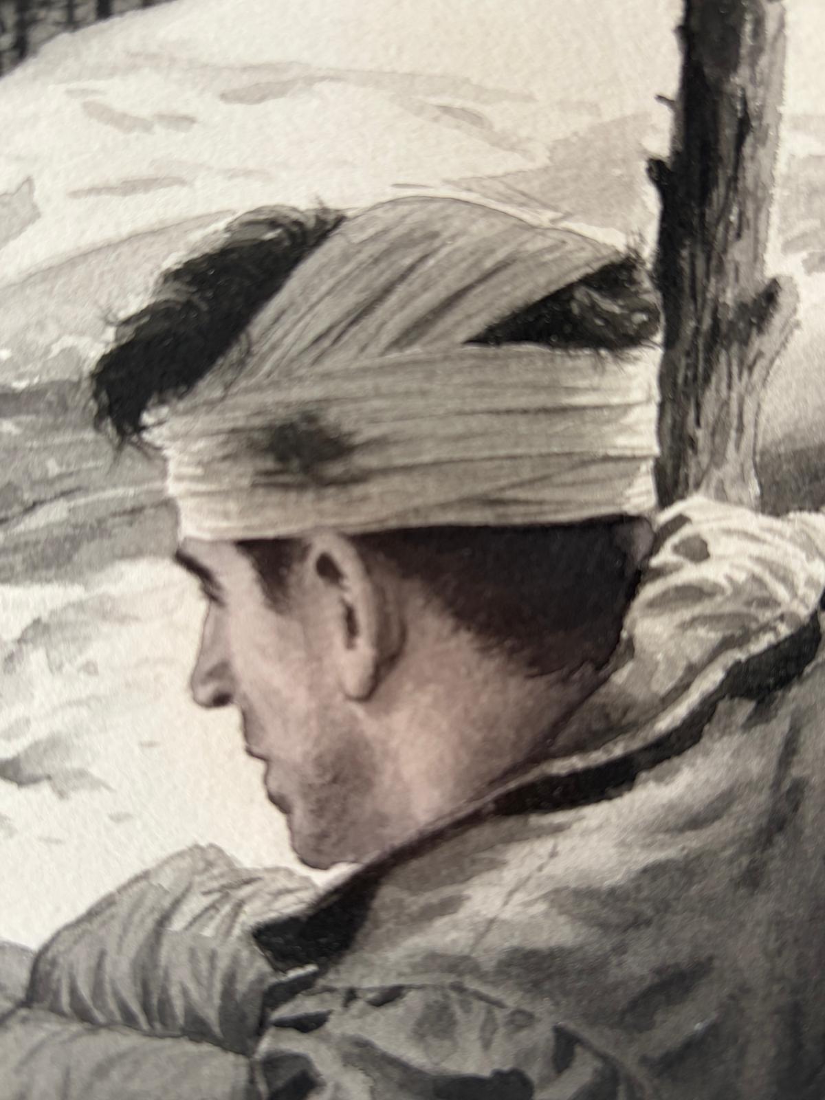 Soldat blessé et visiteur d'A Winter - Illustration originale de Charles Burki 1955 Bon état - En vente à Langweer, NL